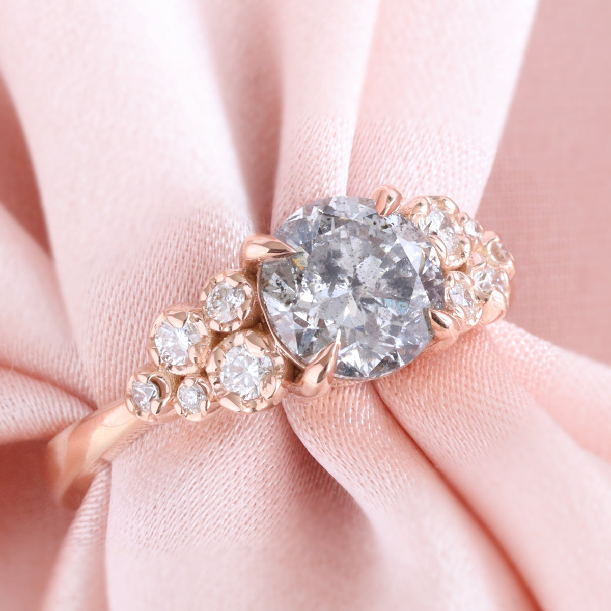 Round salt and pepper diamond solitaire ring rose gold grey diamond floral cluster ring la more design jewelry