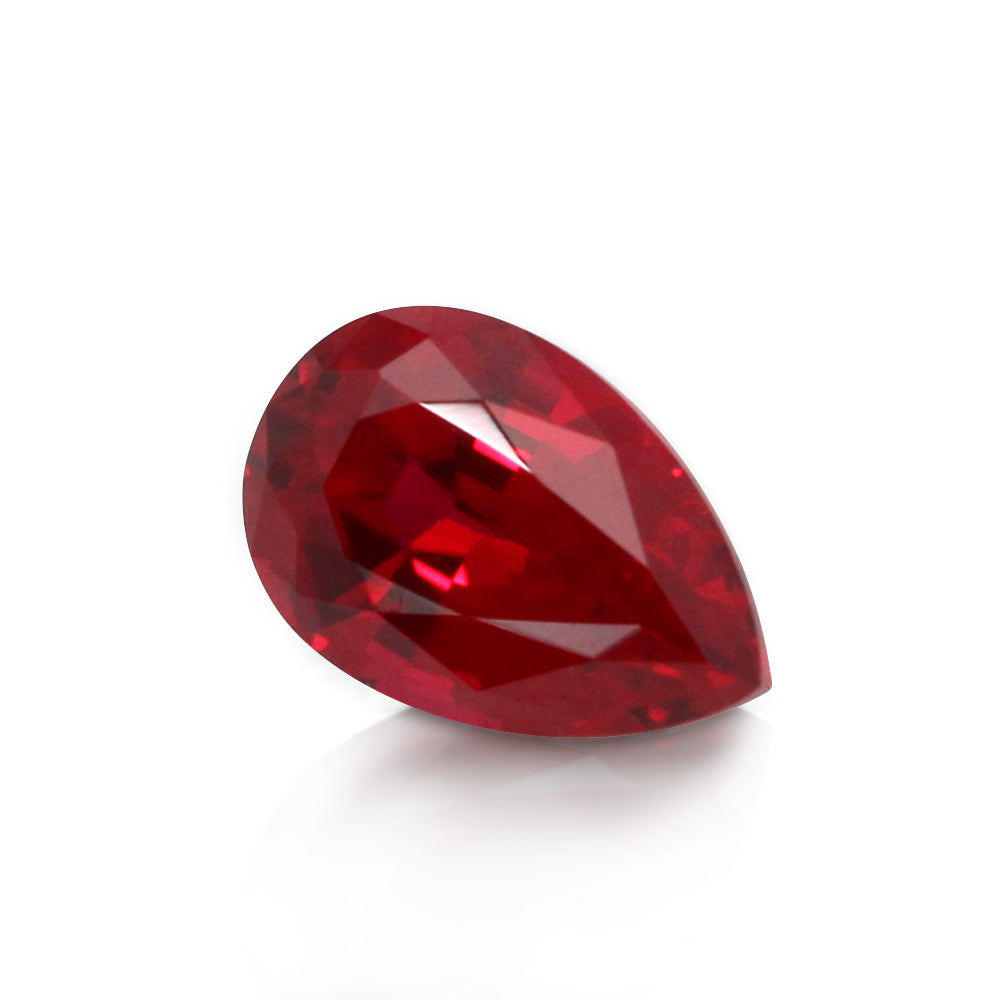 Luna Halo Pear Ring Bridal Set w/ Ruby and Large 7 Diamond U Scalloped Band