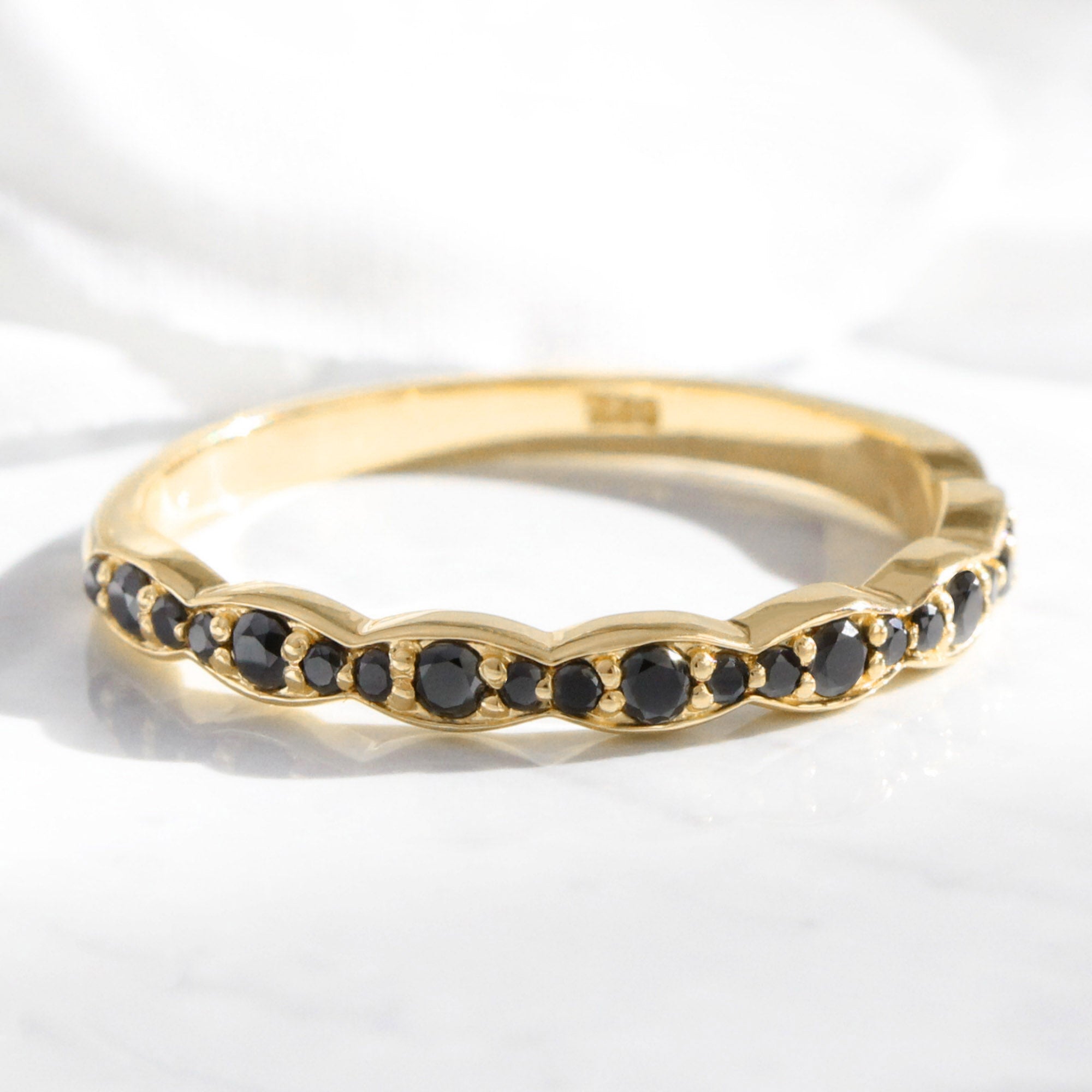 Scalloped black diamond wedding ring yellow gold half eternity band by la more design jewelry
