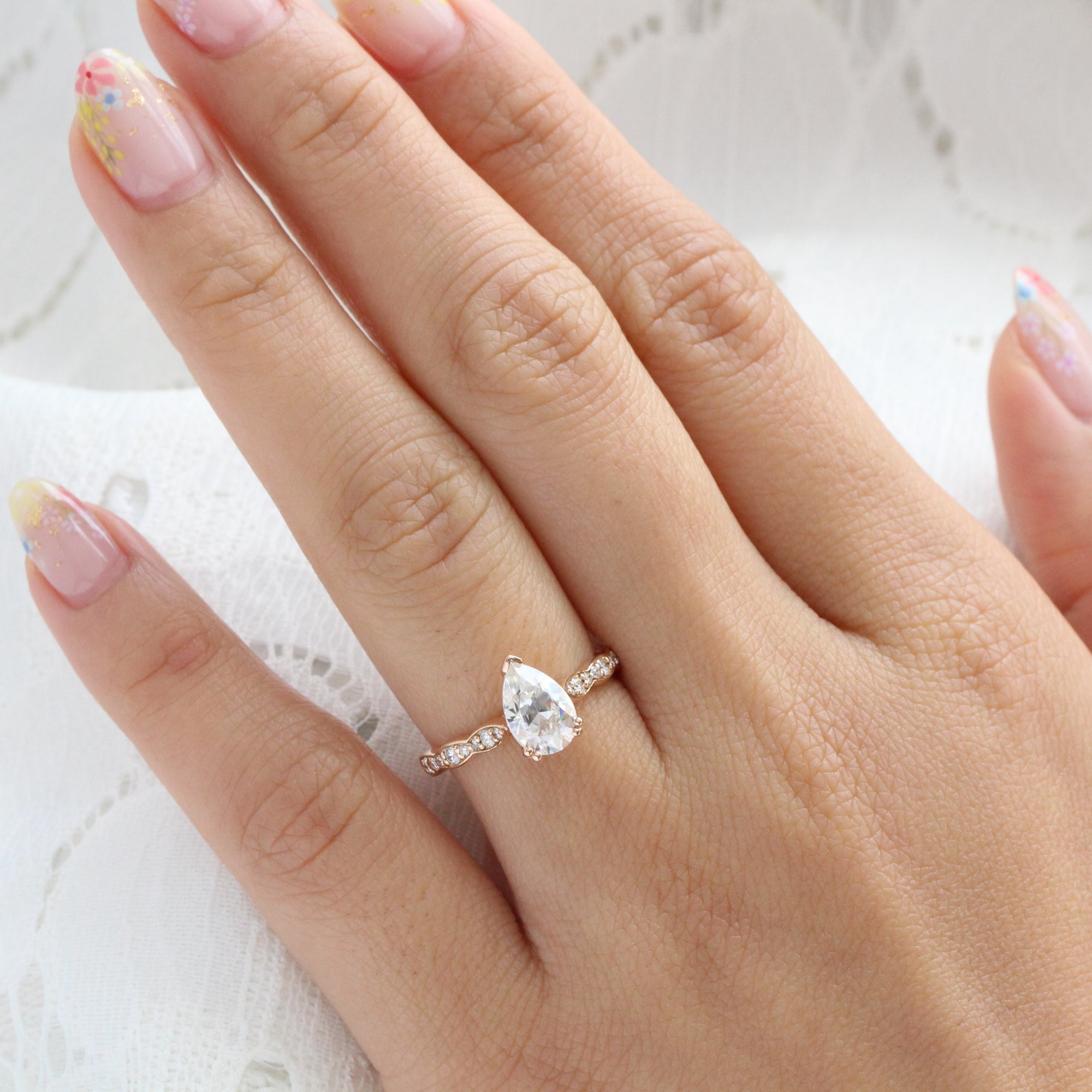 Pear Moissanite Solitaire Engagement Ring 14K Rose Gold Diamond Band, image size:2000x2000