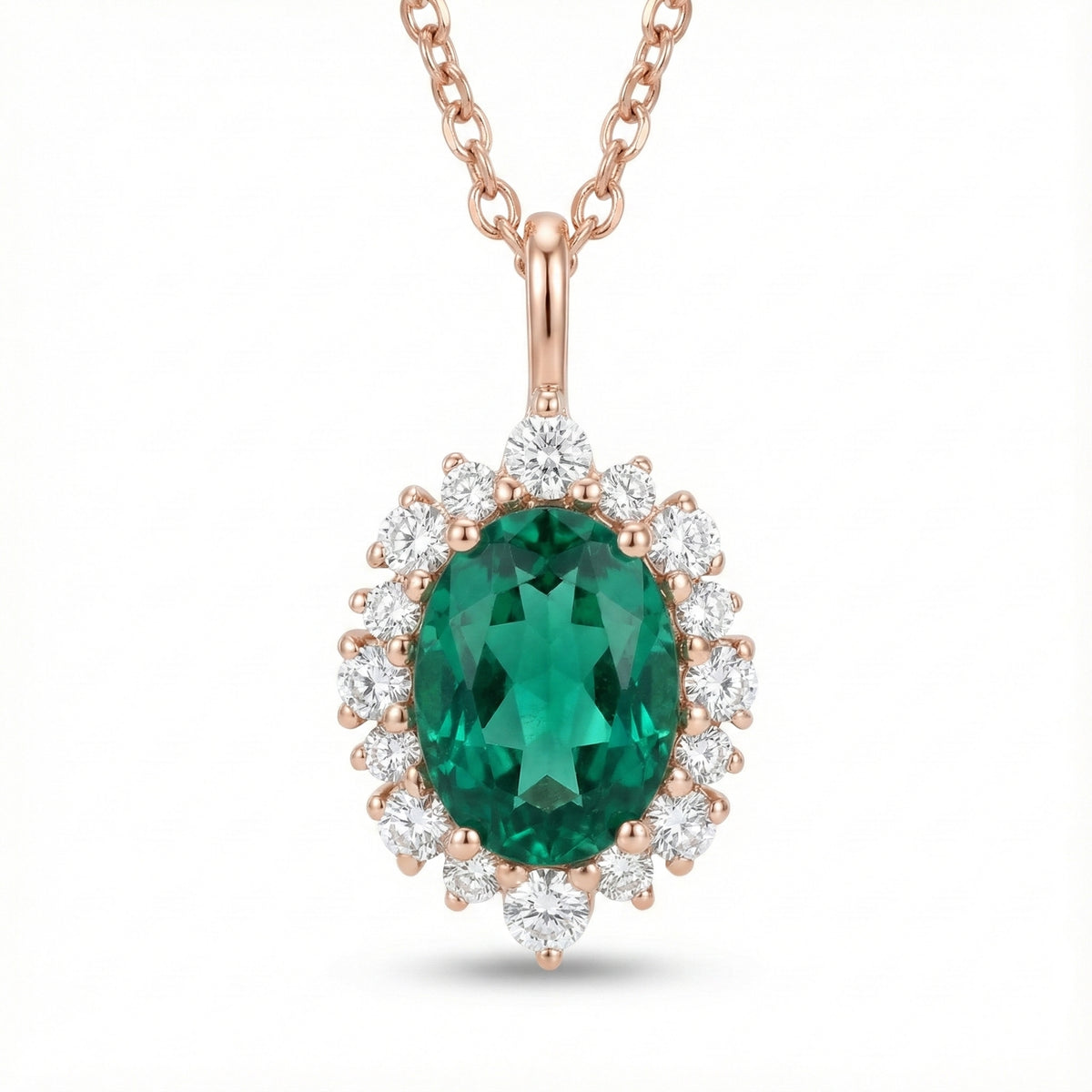 Tiara halo diamond oval emerald pendant rose gold green emerald necklace la more design jewelry