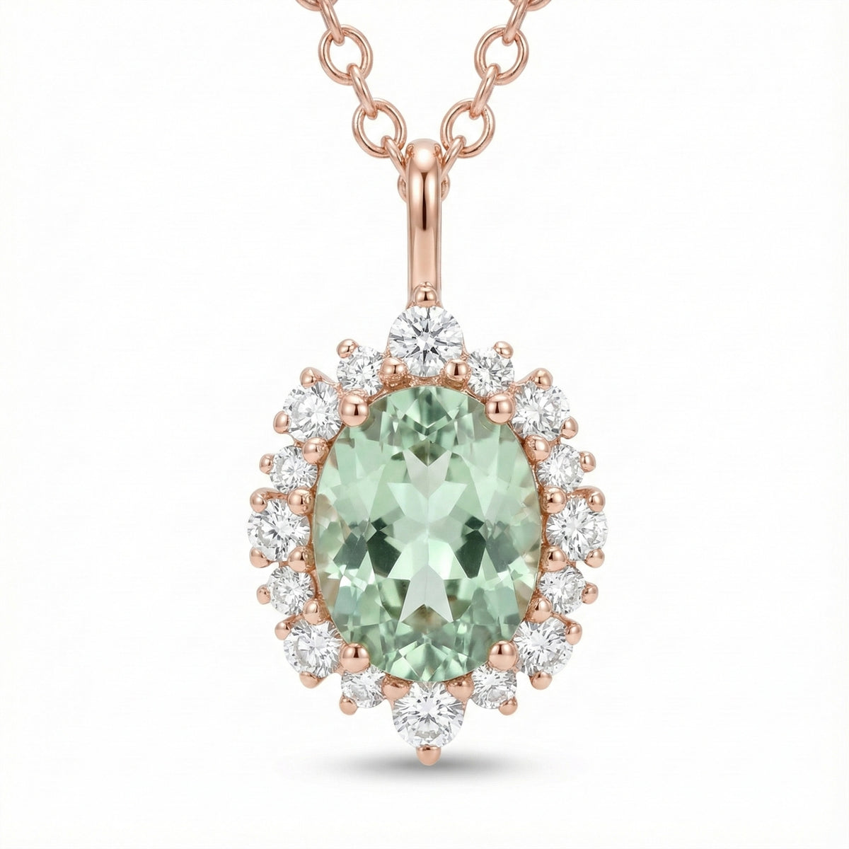 Tiara halo diamond oval green sapphire pendant rose gold green sapphire necklace la more design jewelry