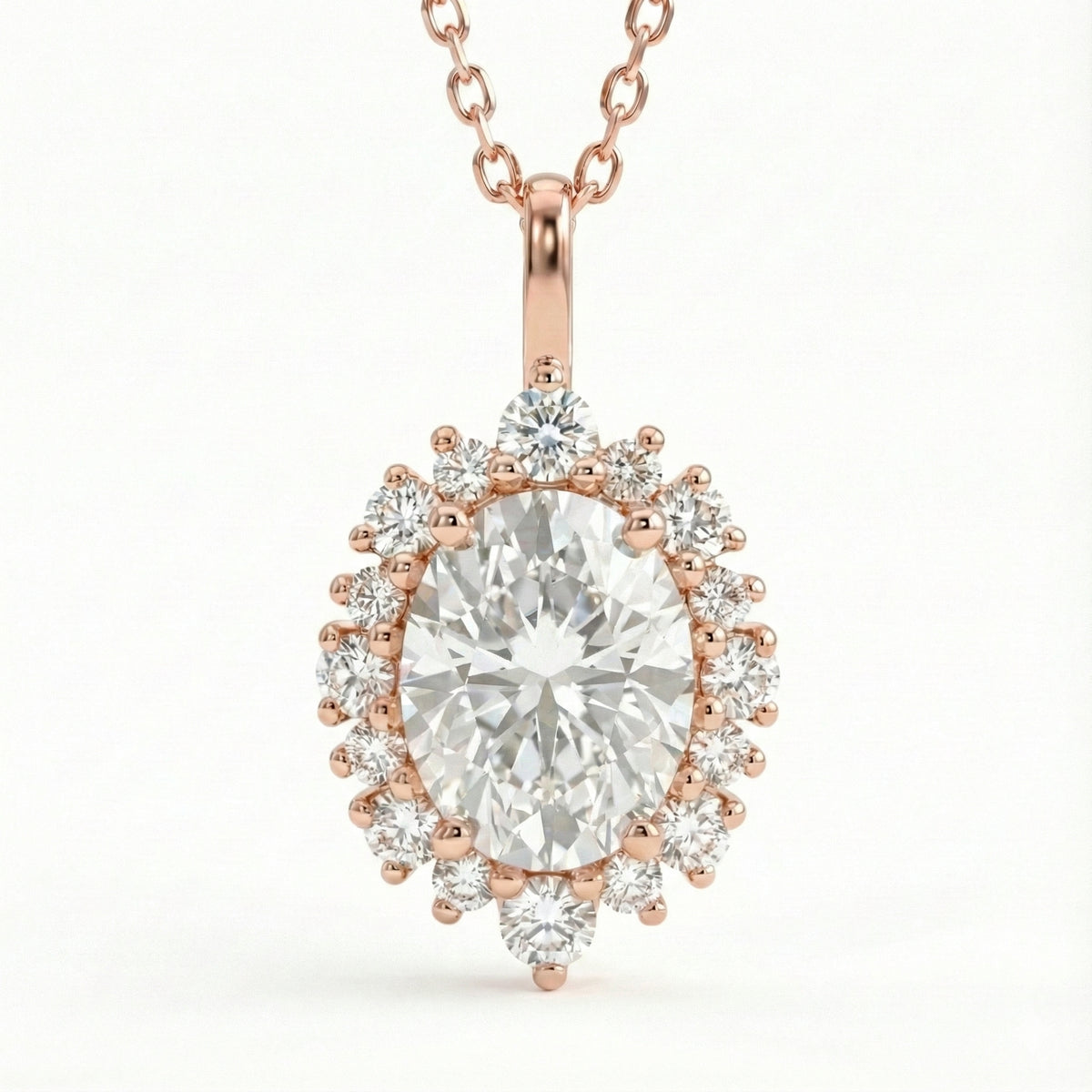 Tiara halo diamond oval moissanite pendant rose gold drop necklace la more design jewelry