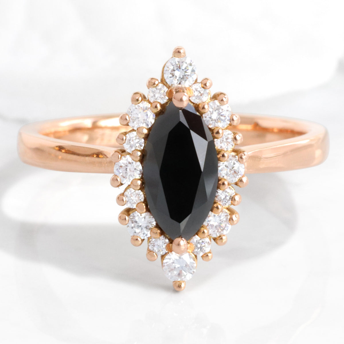Unique marquise black diamond ring rose gold black halo diamond engagement ring la more design jewelry
