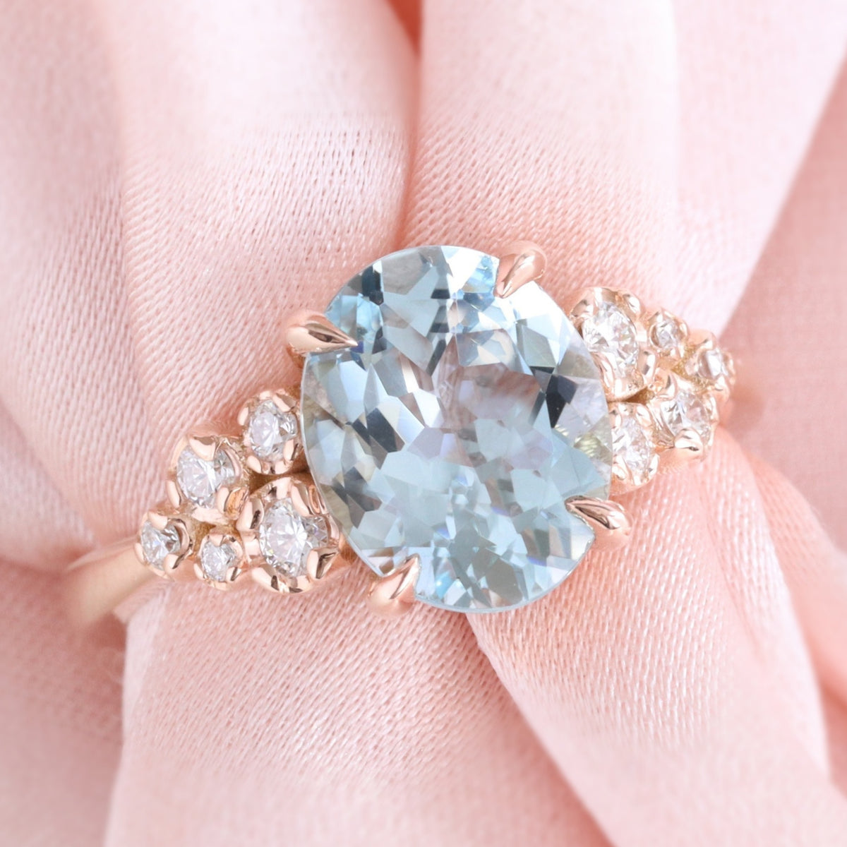 Unique oval aquamarine solitaire ring rose gold natural aquamarine diamond floral cluster ring la more design jewelry