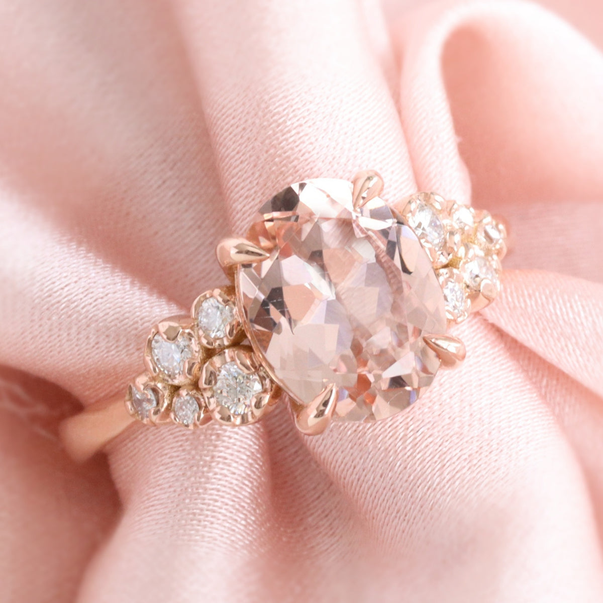 Unique oval morganite solitaire ring rose gold peach morganite diamond floral cluster ring la more design jewelry
