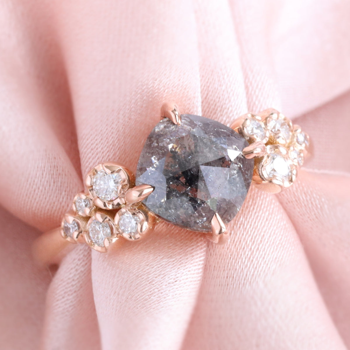 Unique salt and pepper diamond solitaire ring rose gold grey diamond floral cluster ring la more design jewelry