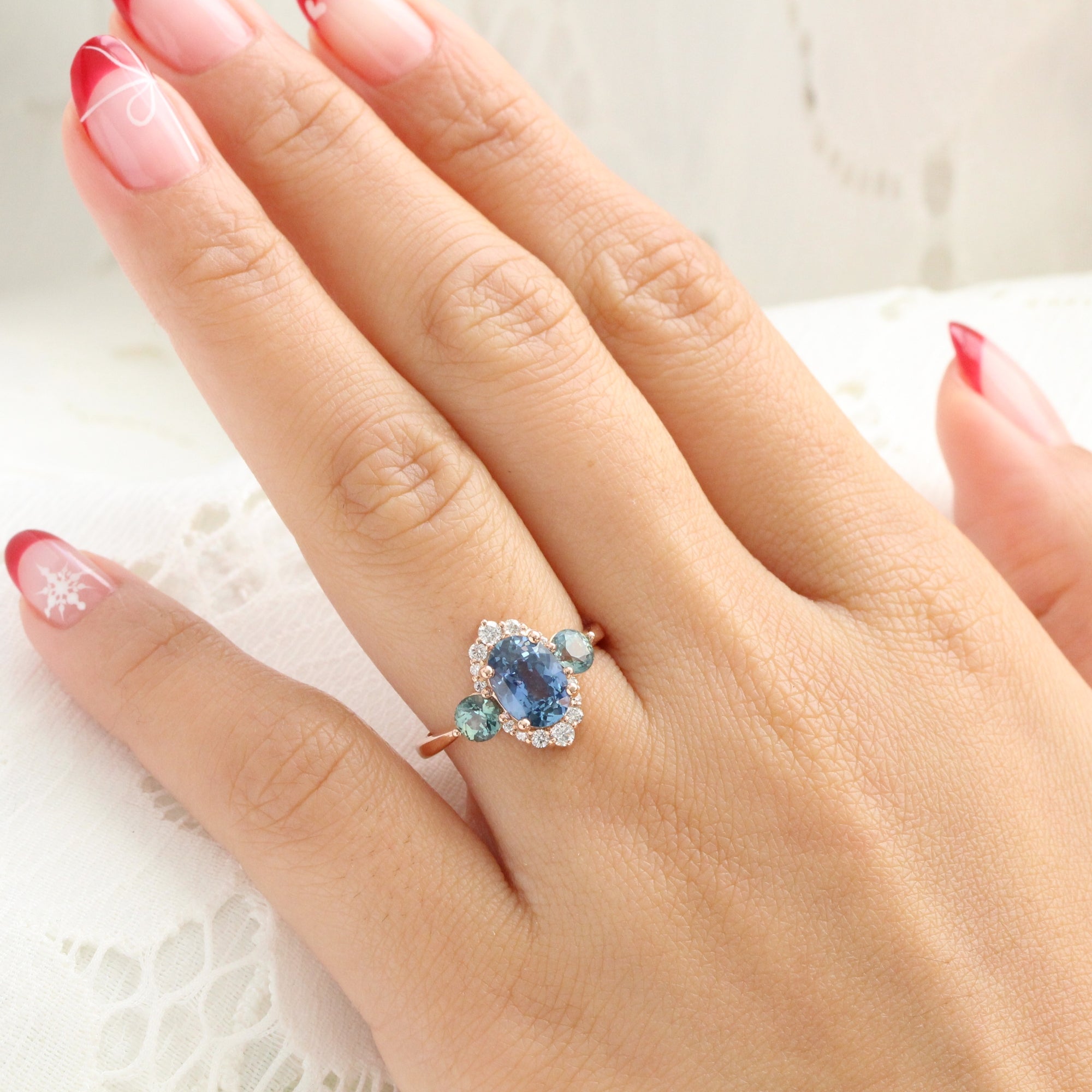 Large Teal Blue Sapphire Ring Rose Gold Stone Halo Diamond Ring