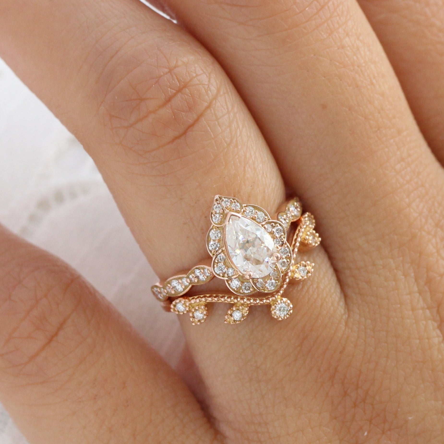 Vintage Pear Shaped Moissanite Engagement Ring Set Yellow Gold Pear Shaped  Diamond Ring Half Eternity Wedding Bridal Set Anniversary Rings 