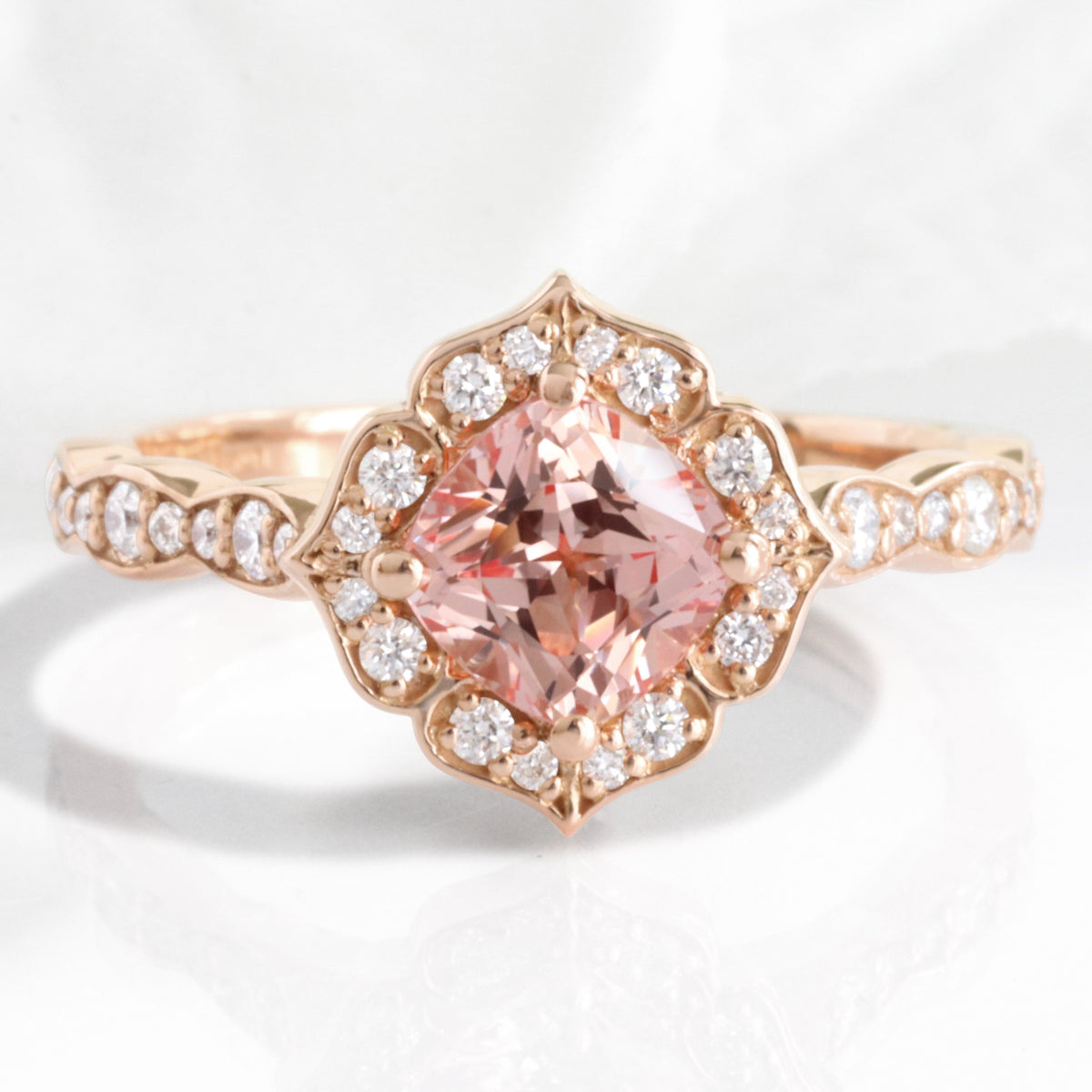 Vintage halo diamond peach sapphire engagement ring stack rose gold la more design jewelry