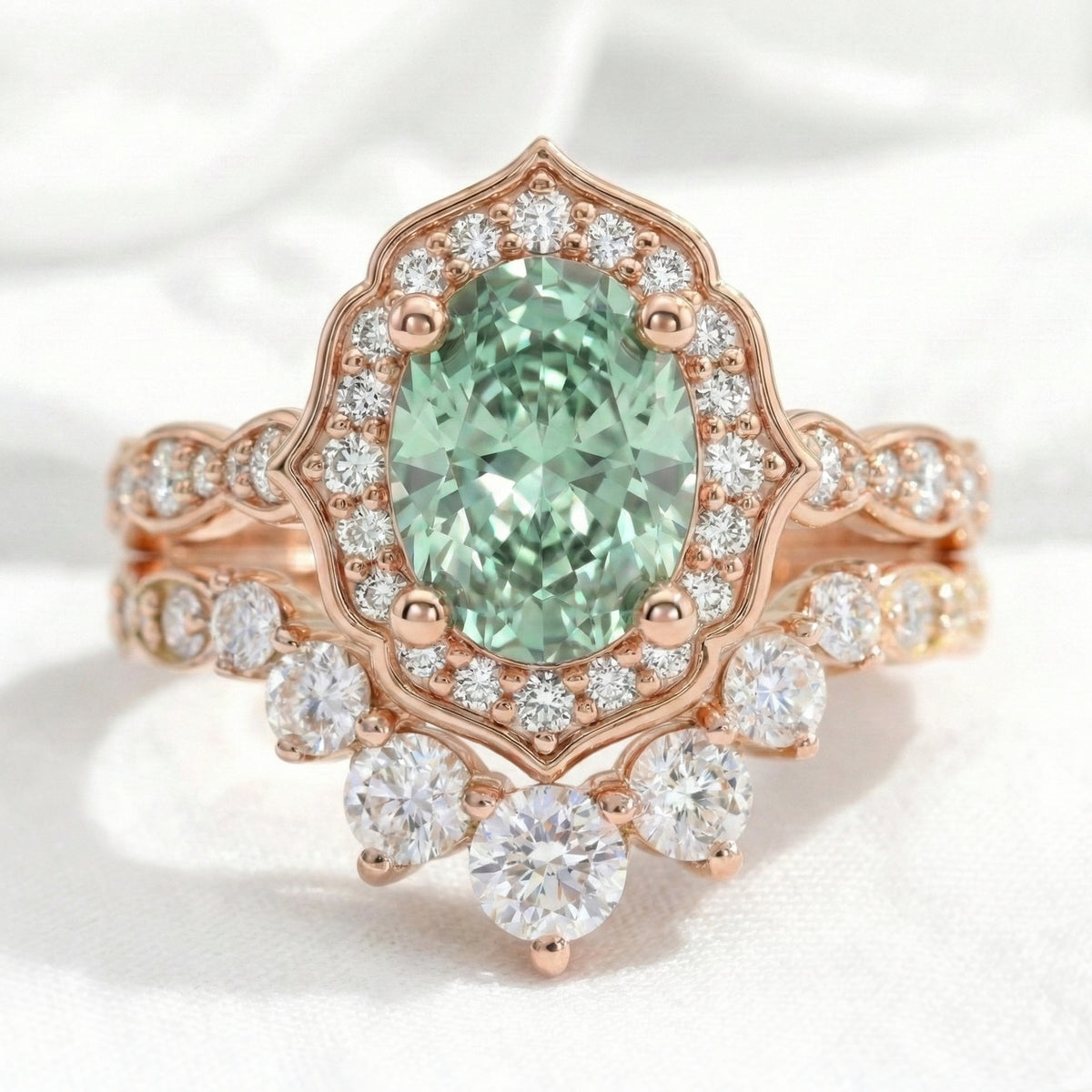 Vintage halo oval green sapphire ring bridal set rose gold curved diamond wedding band stack la more design jewelry