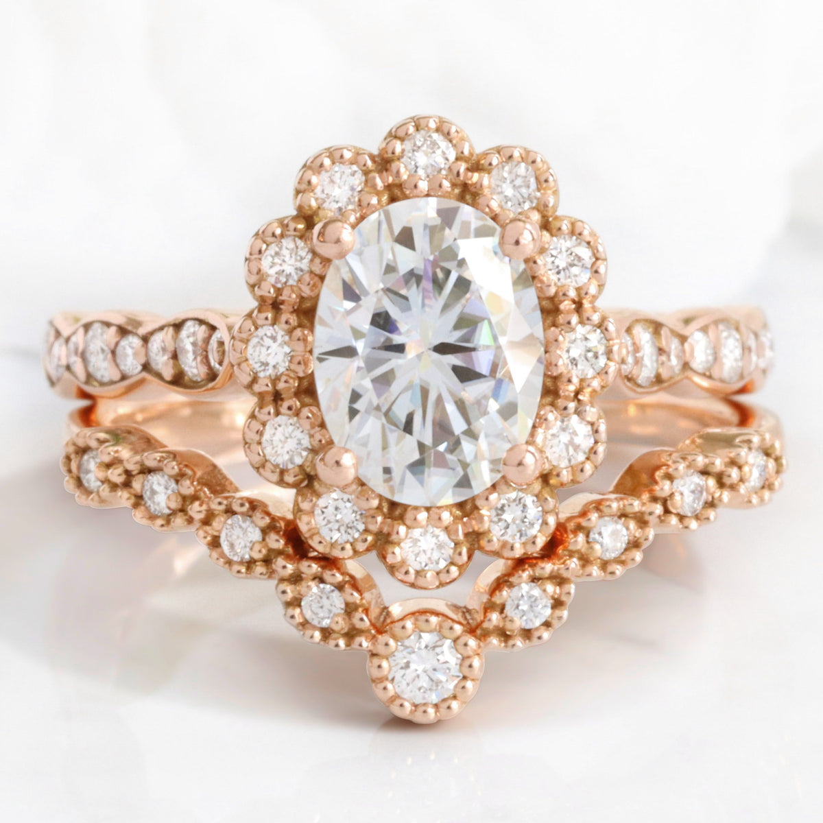 Vintage style oval moissanite ring stack rose gold curved diamond wedding ring bridal set la more design jewelry