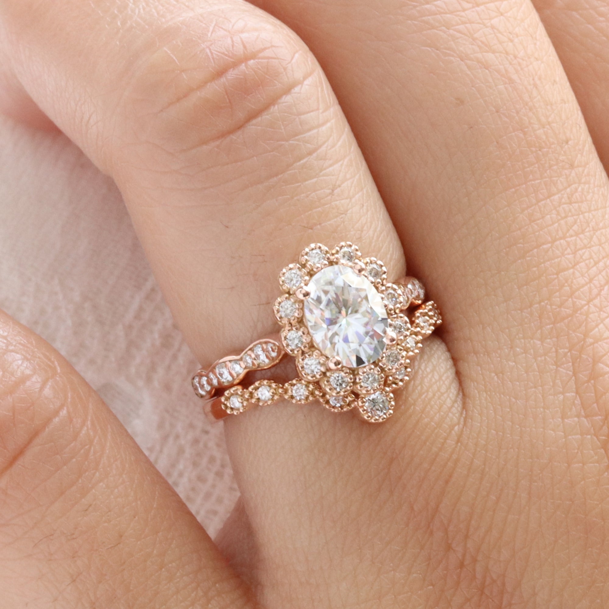 Vintage Oval Moissanite Diamond Ring Stack Rose Gold Halo Bridal