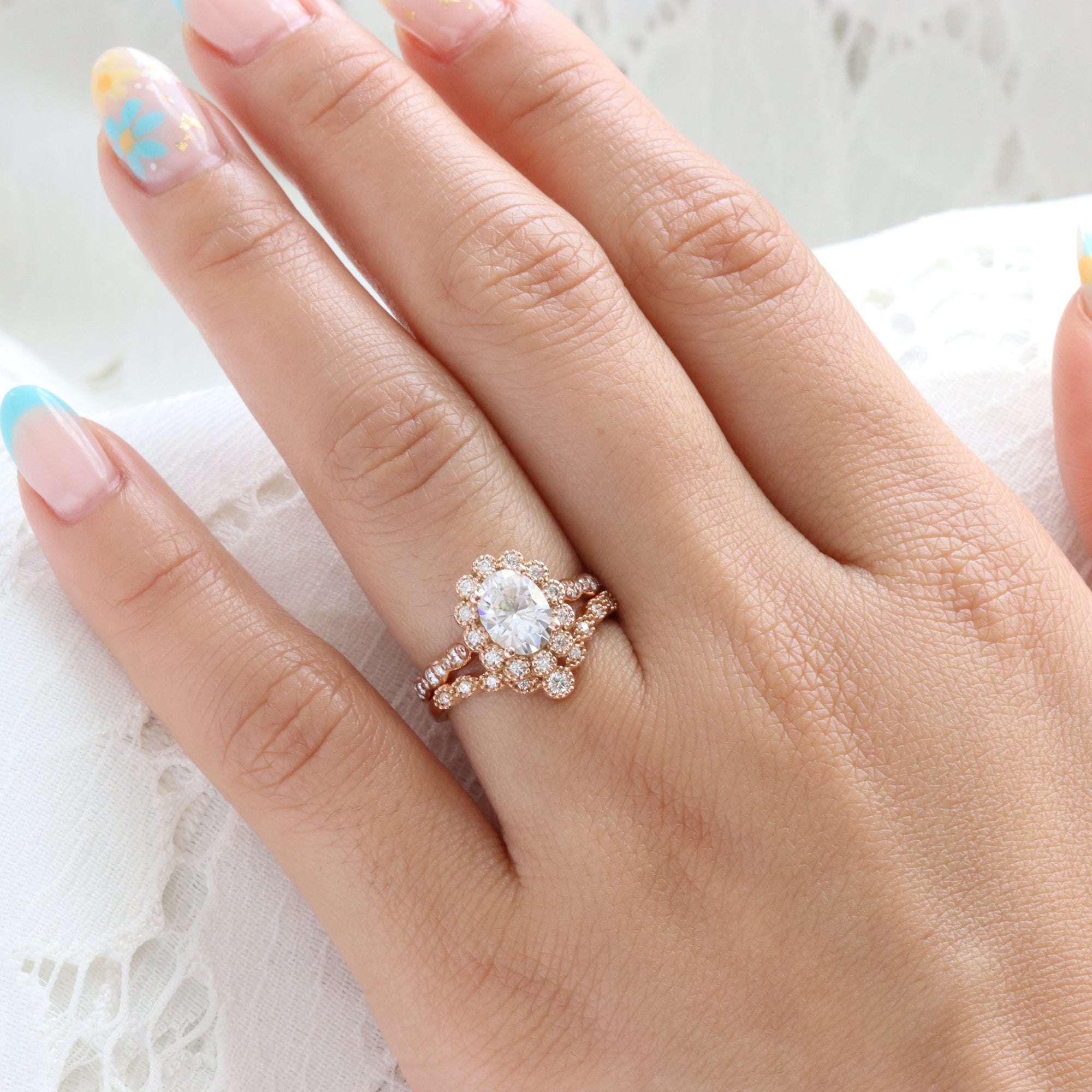 Vintage Oval Moissanite Diamond Ring Stack Rose Gold Halo Bridal