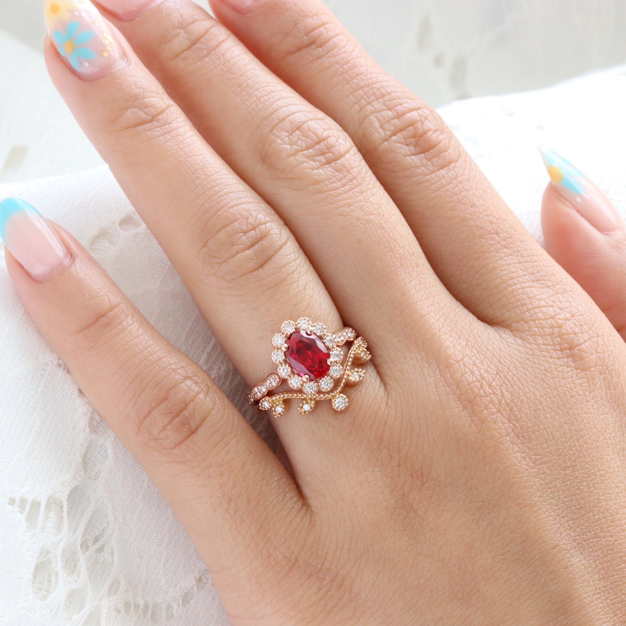 Vintage Ruby and Diamond Ring Set Rose Gold Oval Ruby Halo Ring