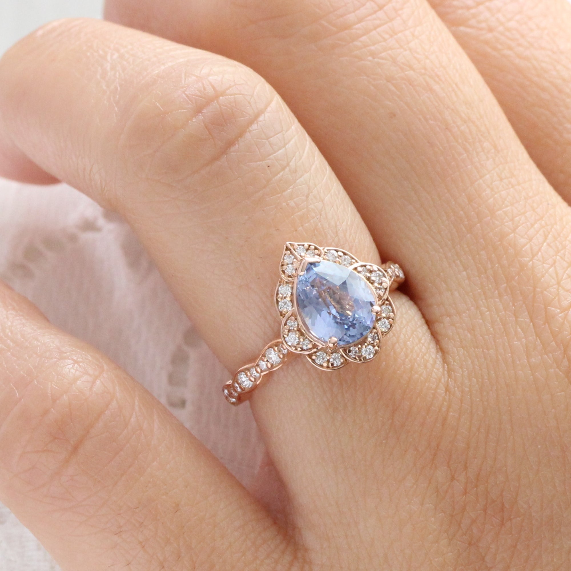 Large Aqua Blue Sapphire Diamond Ring Rose Gold Vintage Halo Pear