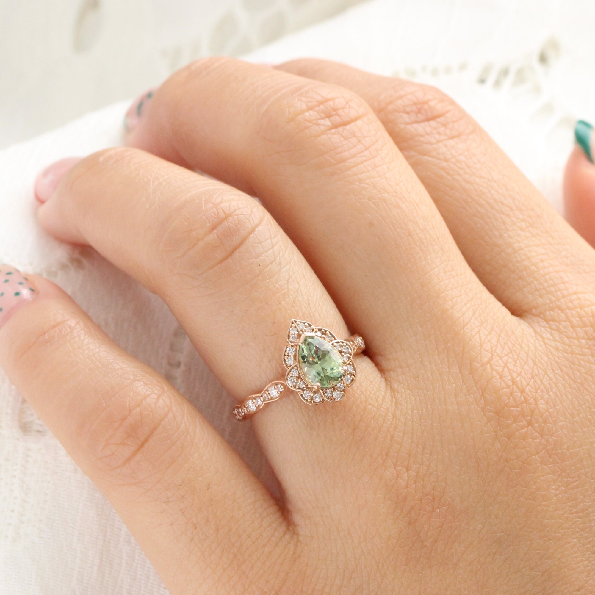 Vintage Floral Pear Green Sapphire Diamond Engagement Ring Rose