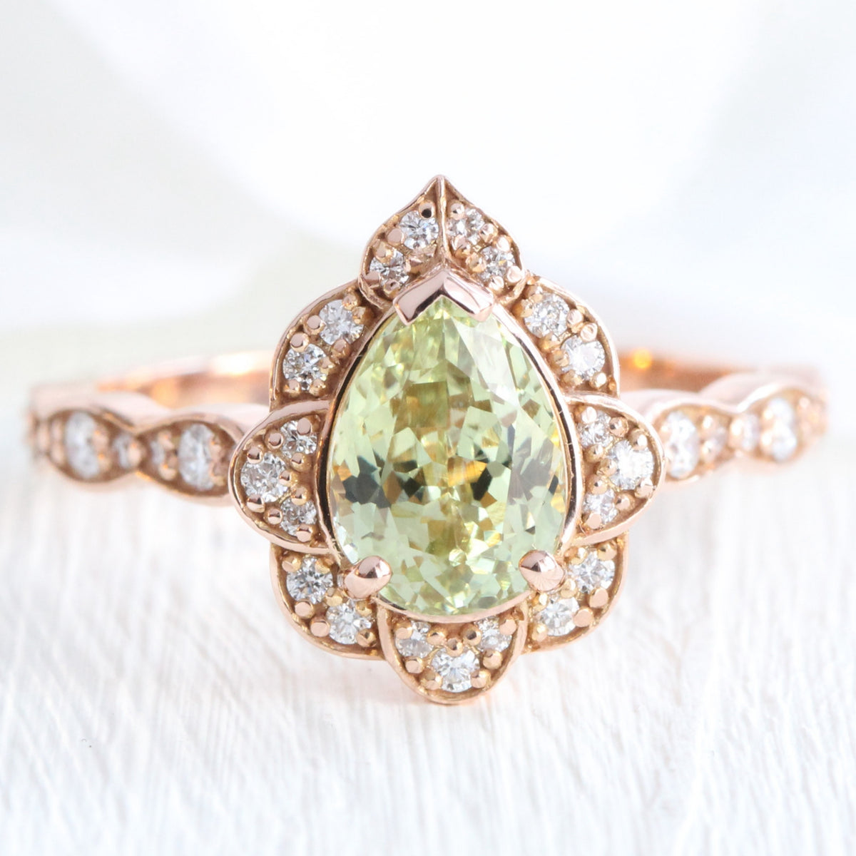 Vintage style pear cut sea-foam green sapphire ring rose gold sapphire diamond ring la more design jewelry