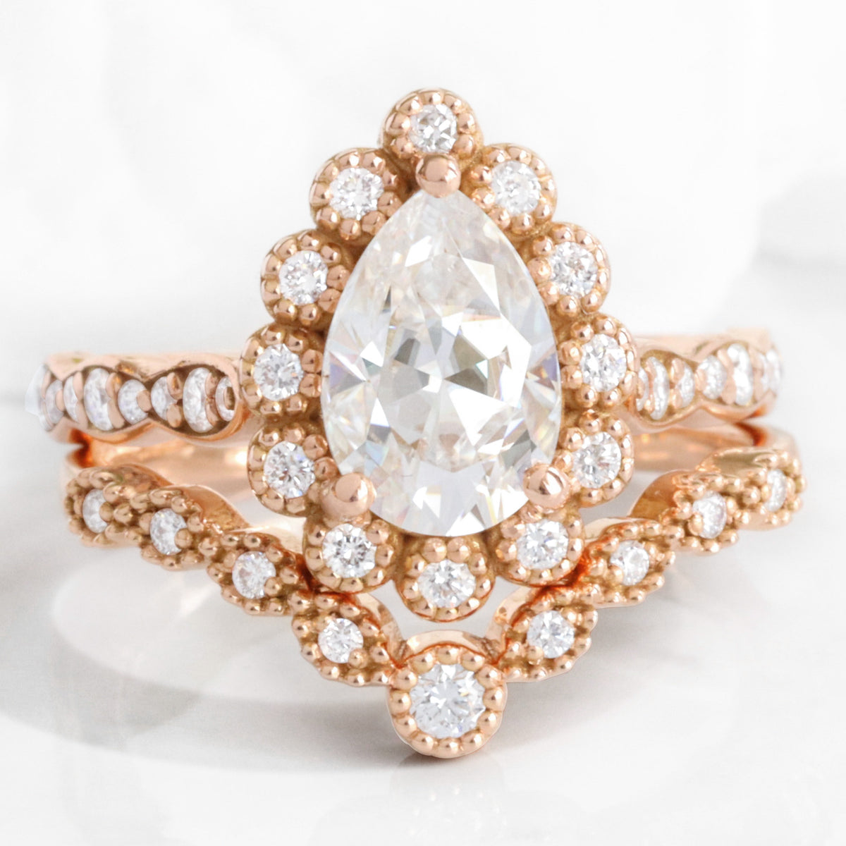 Vintage style pear moissanite ring stack rose gold curved diamond wedding ring bridal set la more design jewelry