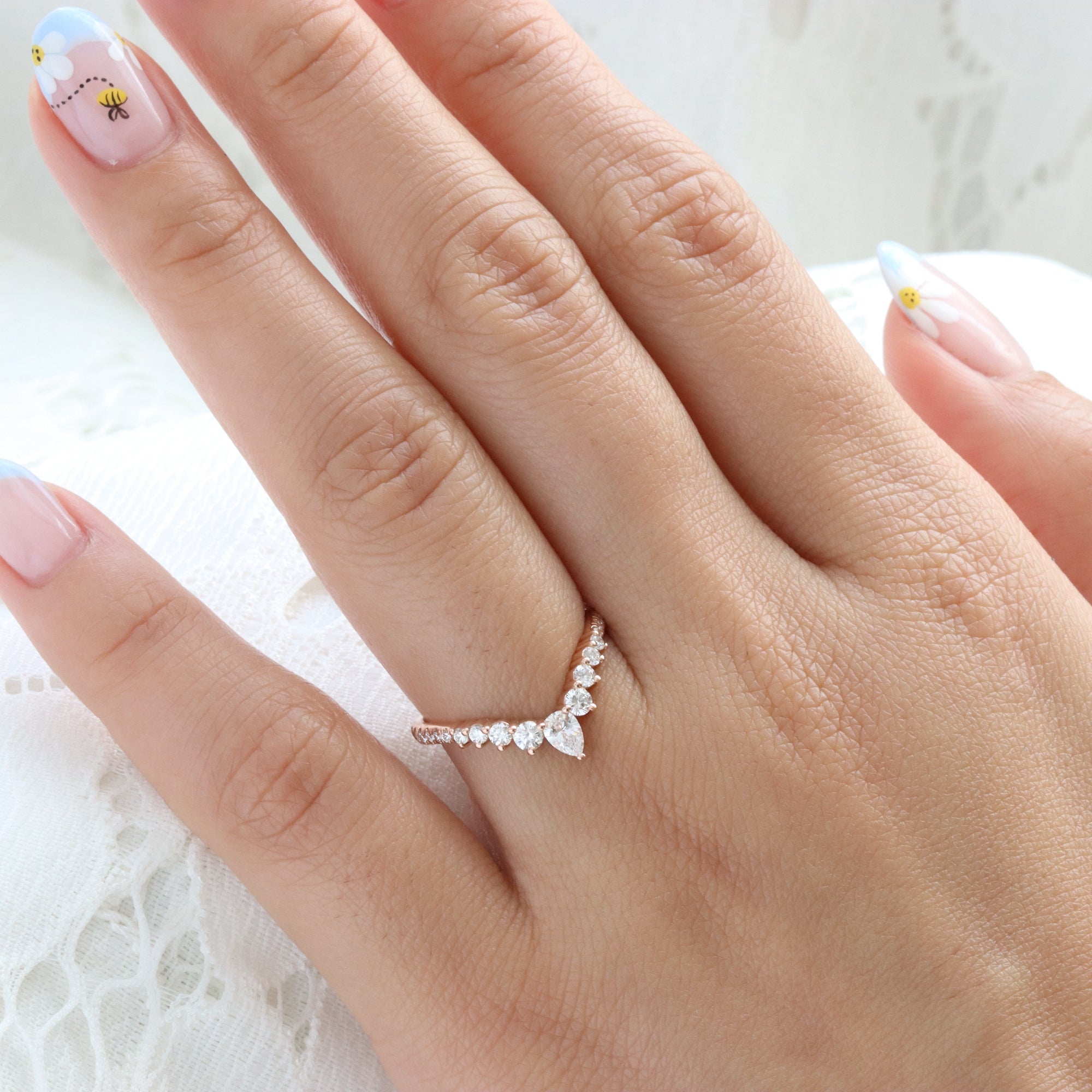 Wishbone Diamond Wedding Ring Rose Gold Curved V Shaped Pave Band