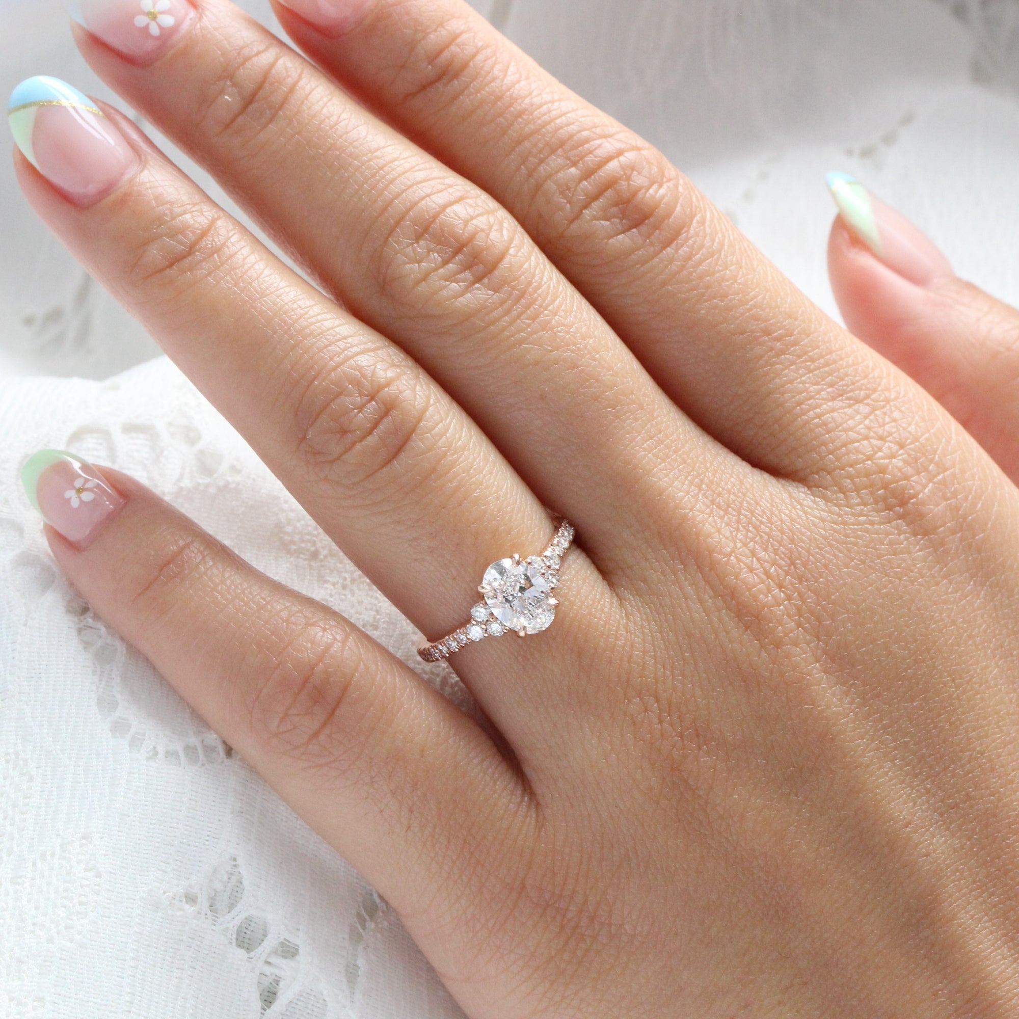 Oval Lab Grown Diamond Stone Engagement Ring 14k Rose Gold Pave