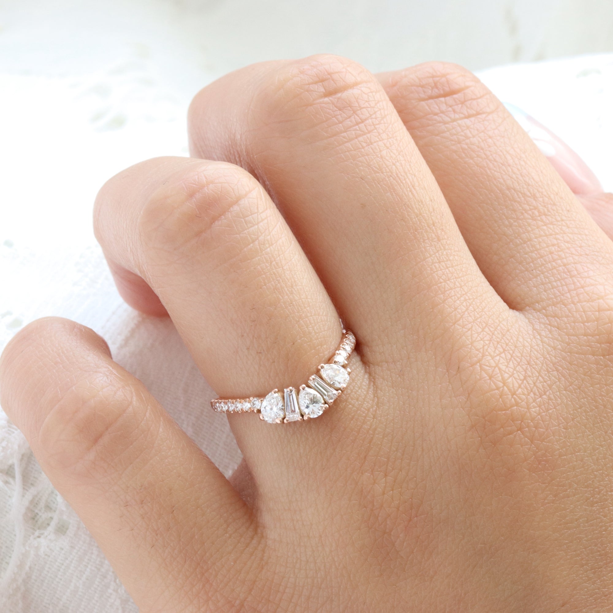 Art Deco Diamond Wedding Ring Rose Gold Stackable Curved Pave Band