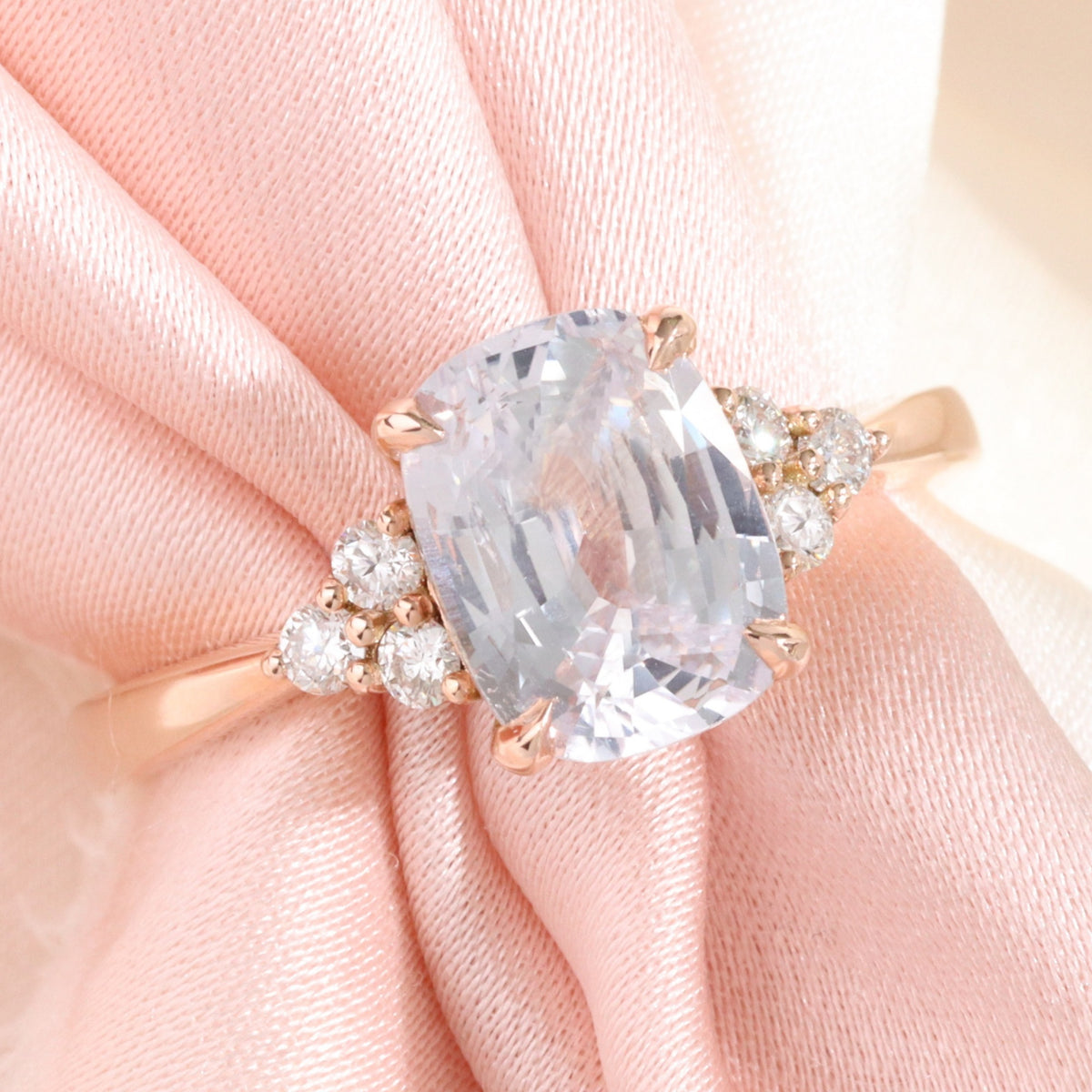 Large White Sapphire Diamond Ring Rose Gold 3 Stone Cushion Ring