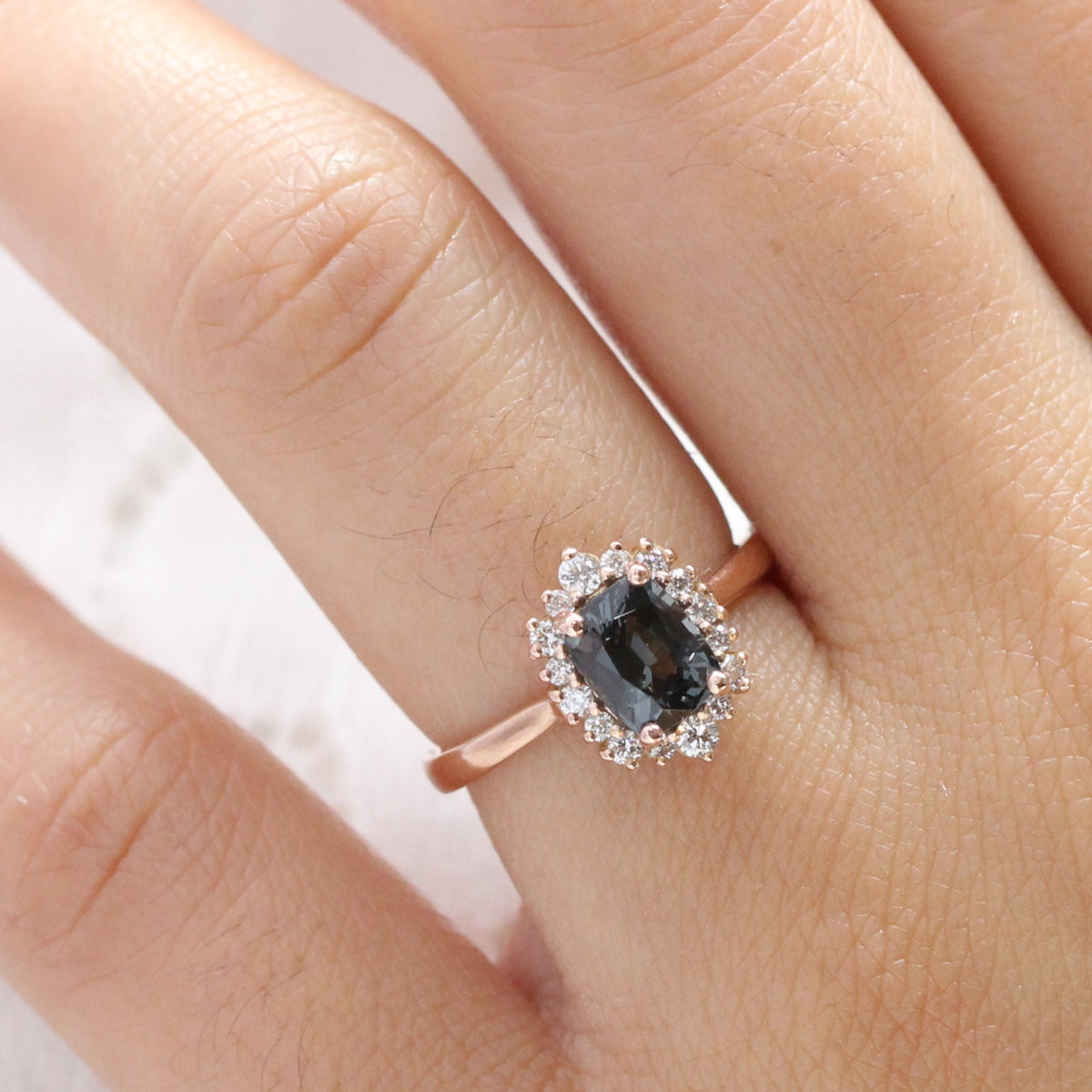 grey spinel ring rose gold cushion salt and pepper diamond ring halo engagement ring bridal set la more design jewelry