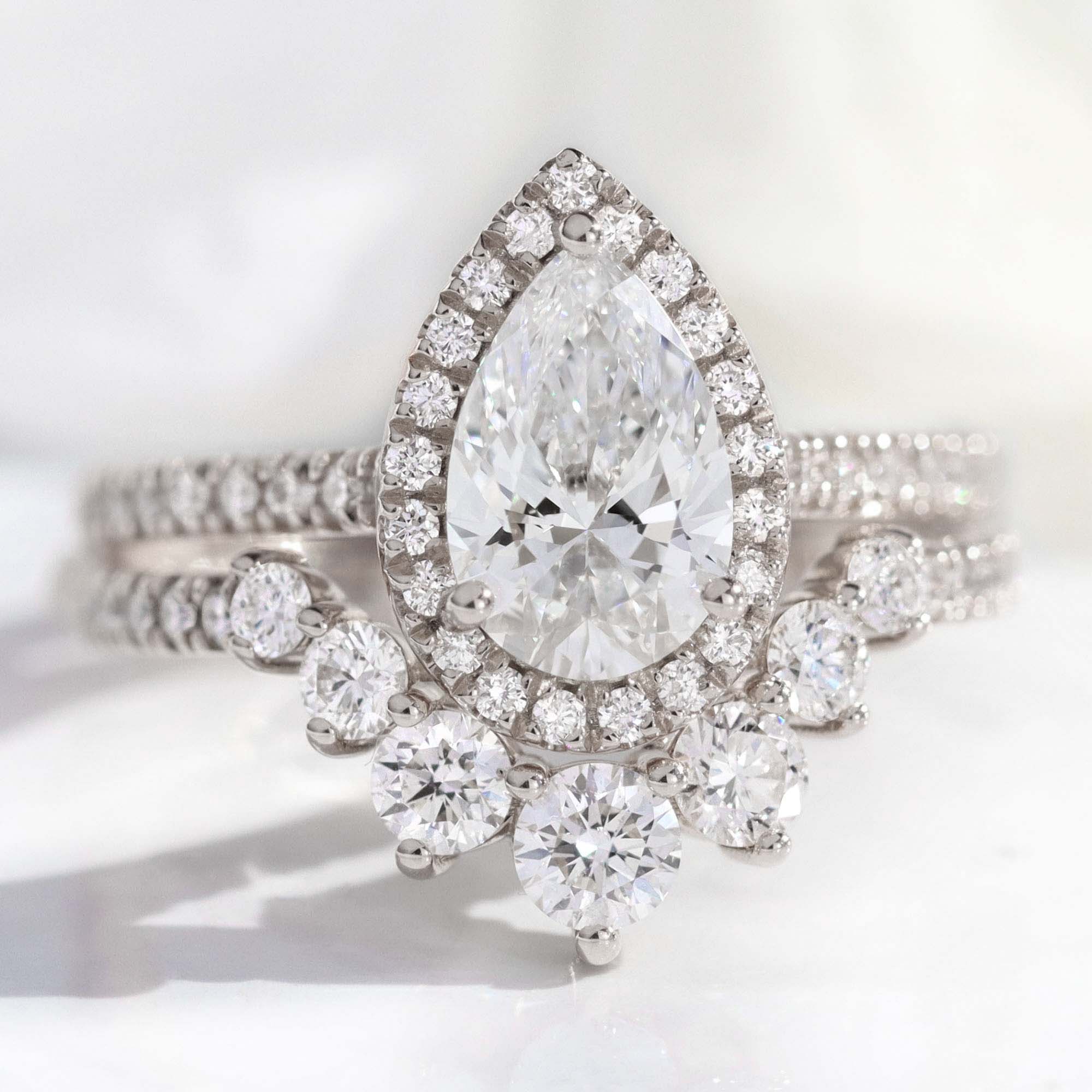 lab diamond ring bridal set white gold pear diamond halo engagement ring La More Design Jewelry
