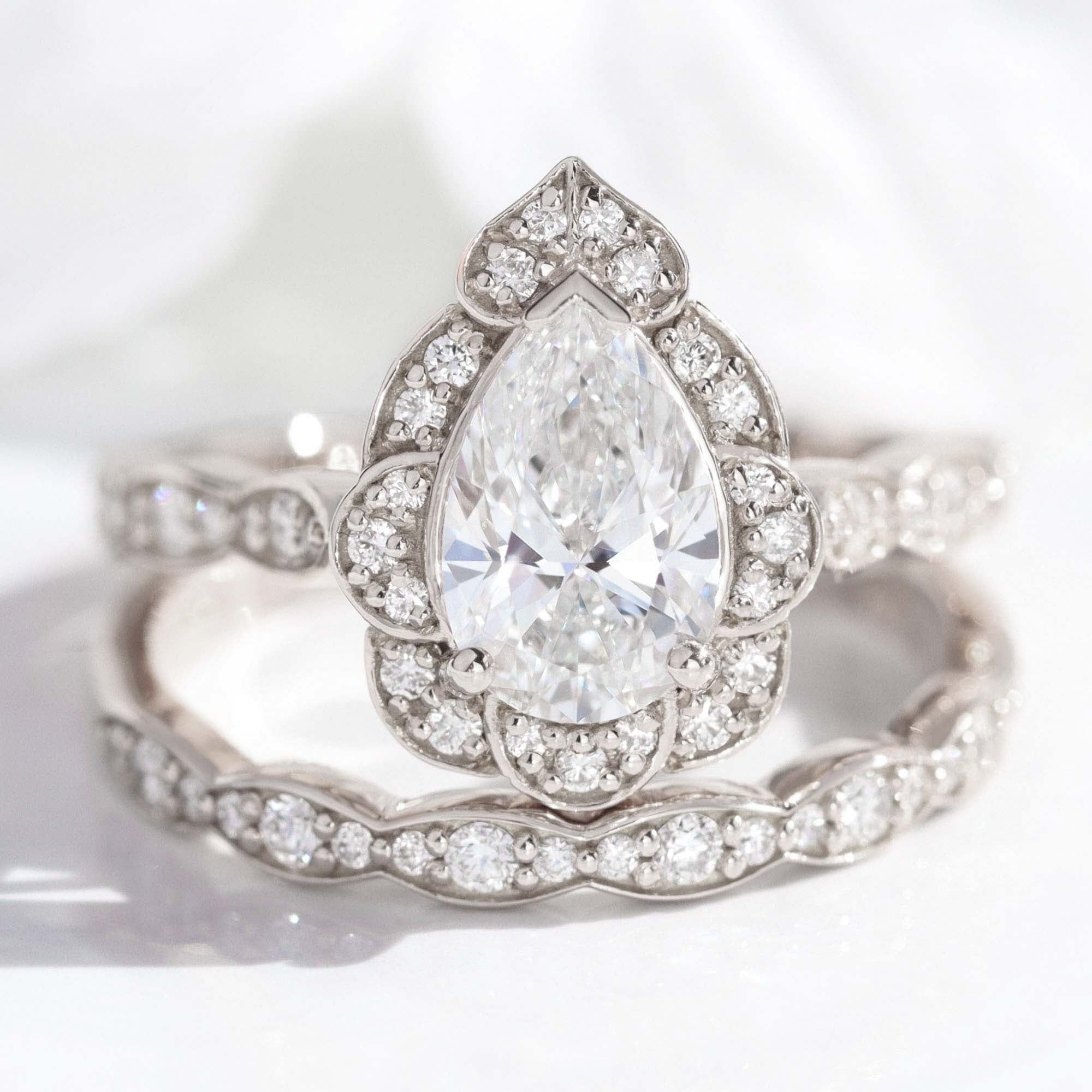 lab diamond ring bridal set white gold vintage halo pear diamond engagement ring La More Design Jewelry