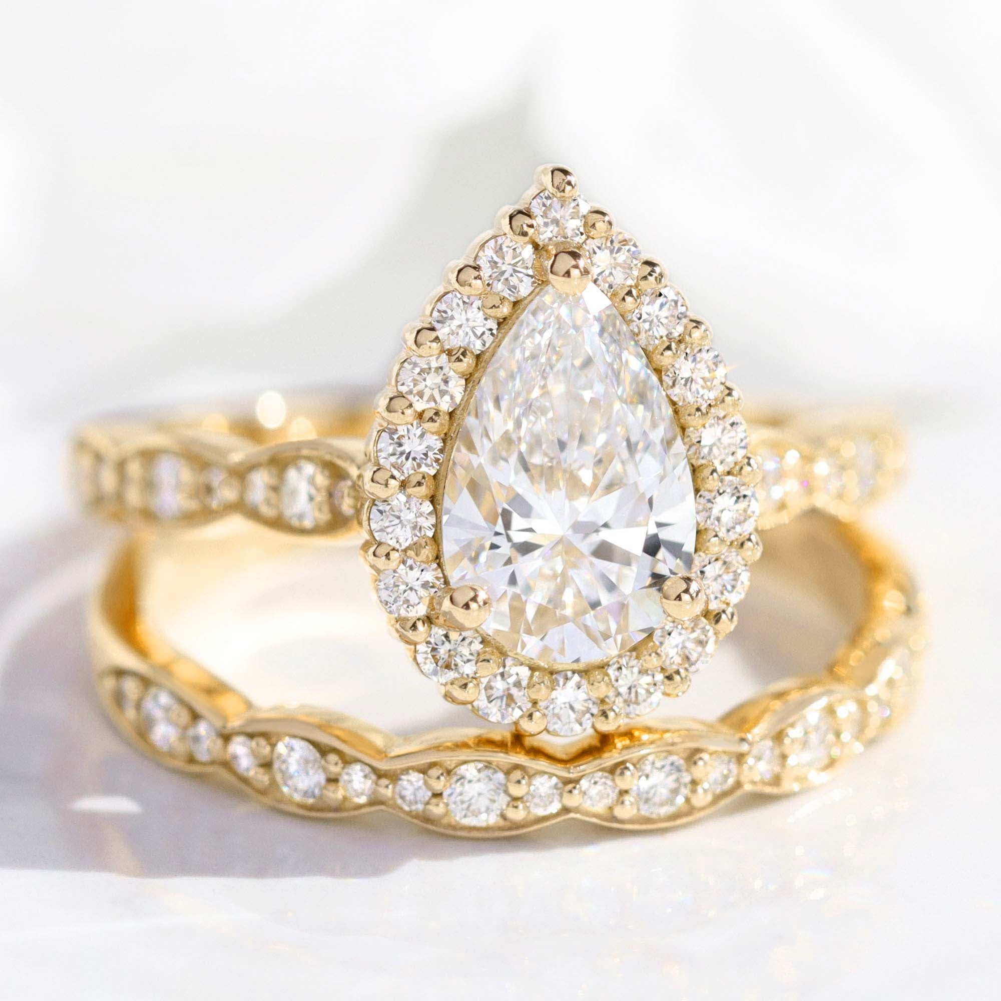lab diamond ring bridal set yellow gold halo pear diamond engagement ring La More Design Jewelry