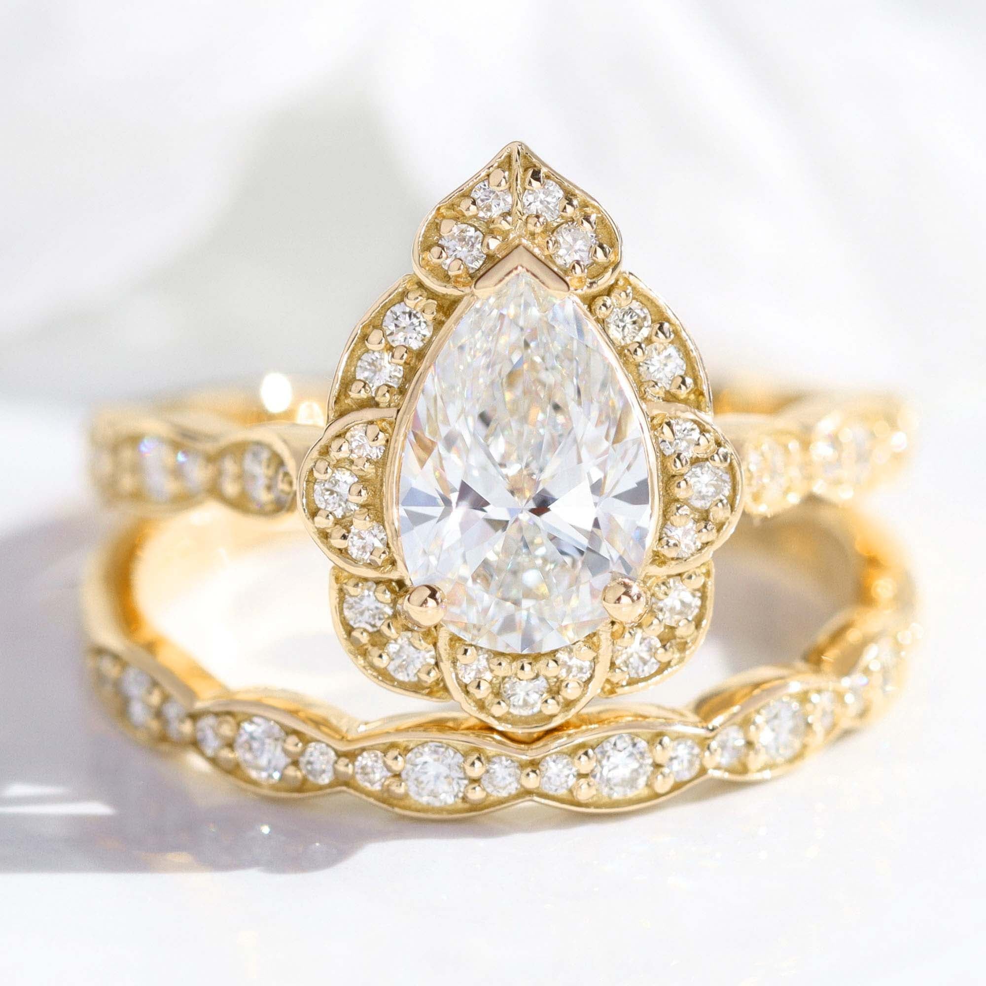 lab diamond ring bridal set yellow gold vintage halo pear diamond engagement ring La More Design Jewelry