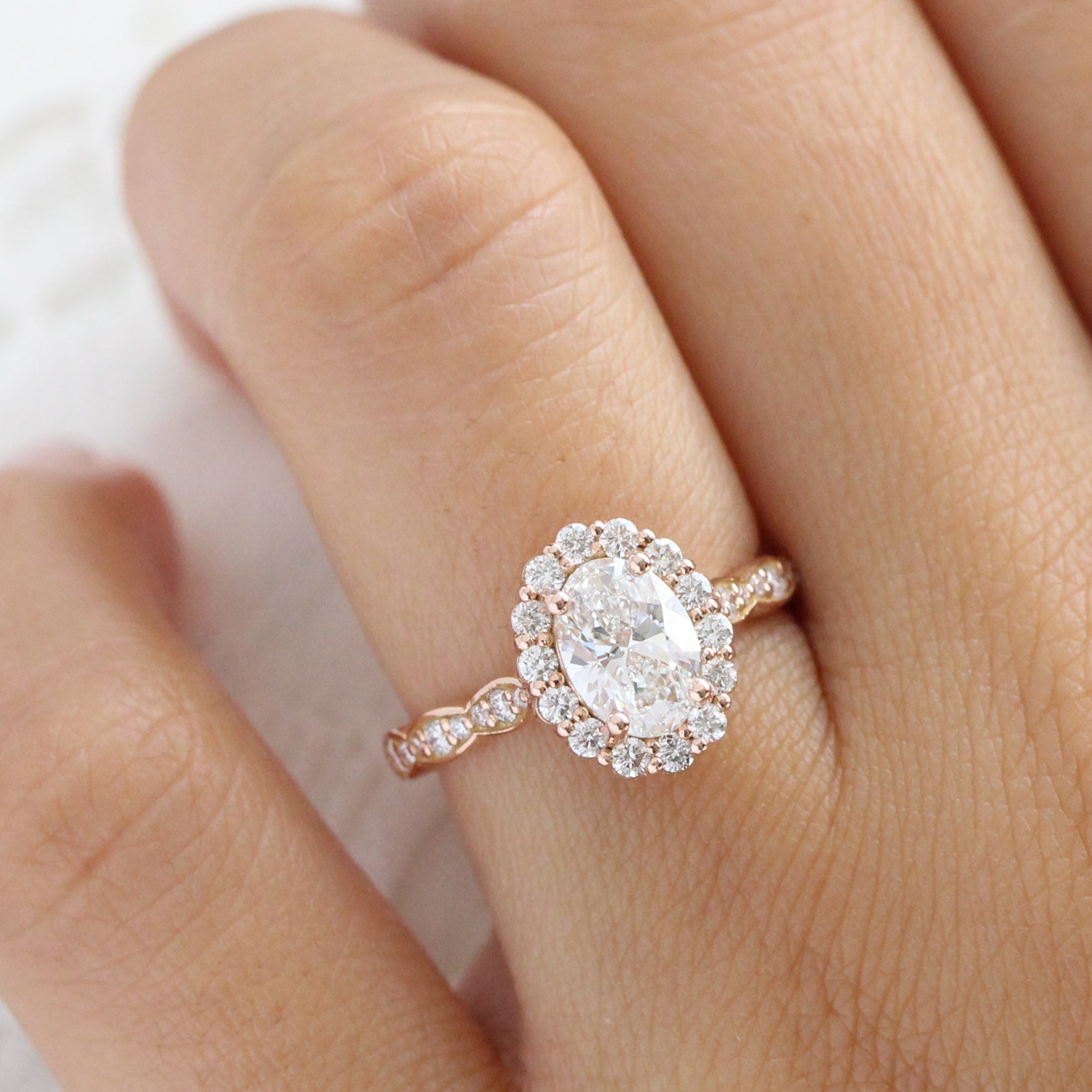 Natural Peacock Blue Sapphire Ring Rose Gold Double Halo Diamond Ring | La More Design