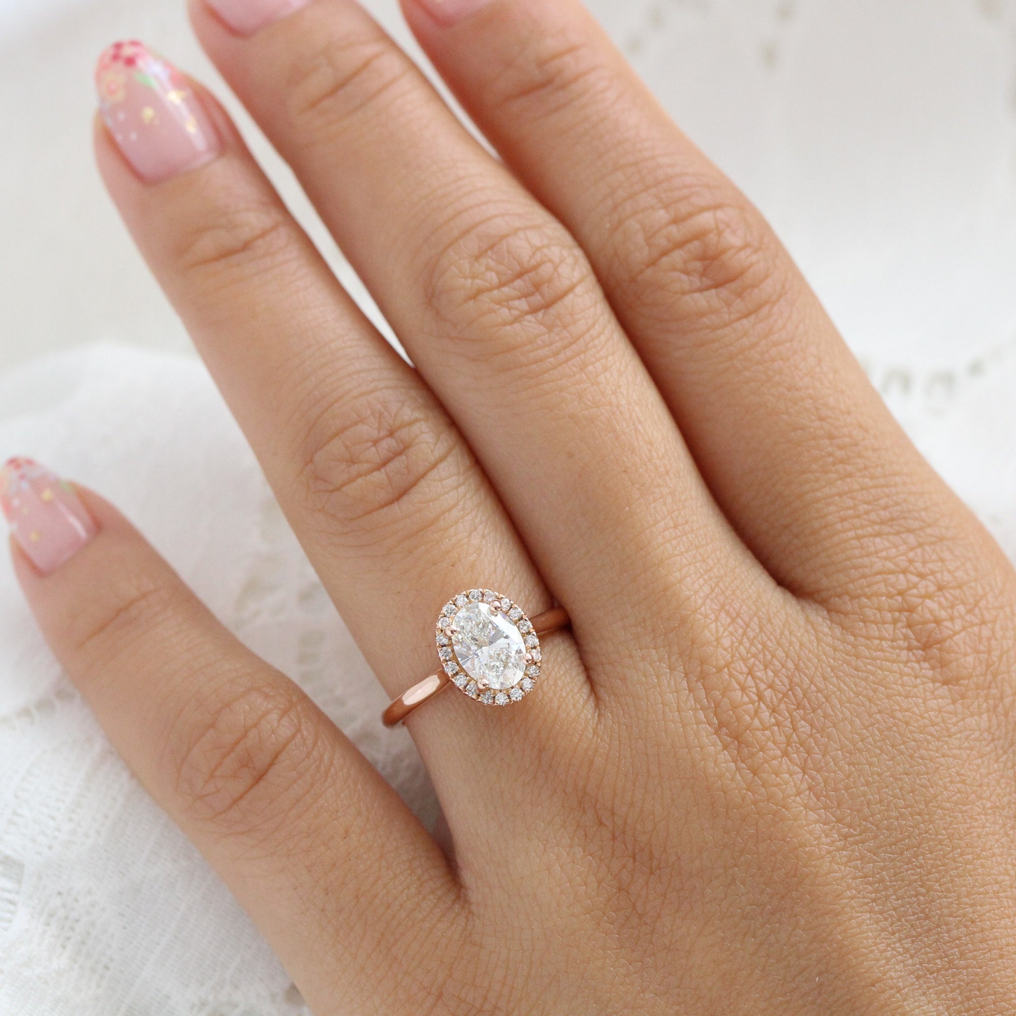 In Stock Lab Grown Diamond Engagement Ring Rose Gold Halo Oval Ring | La  More Design, image size:2000x2000