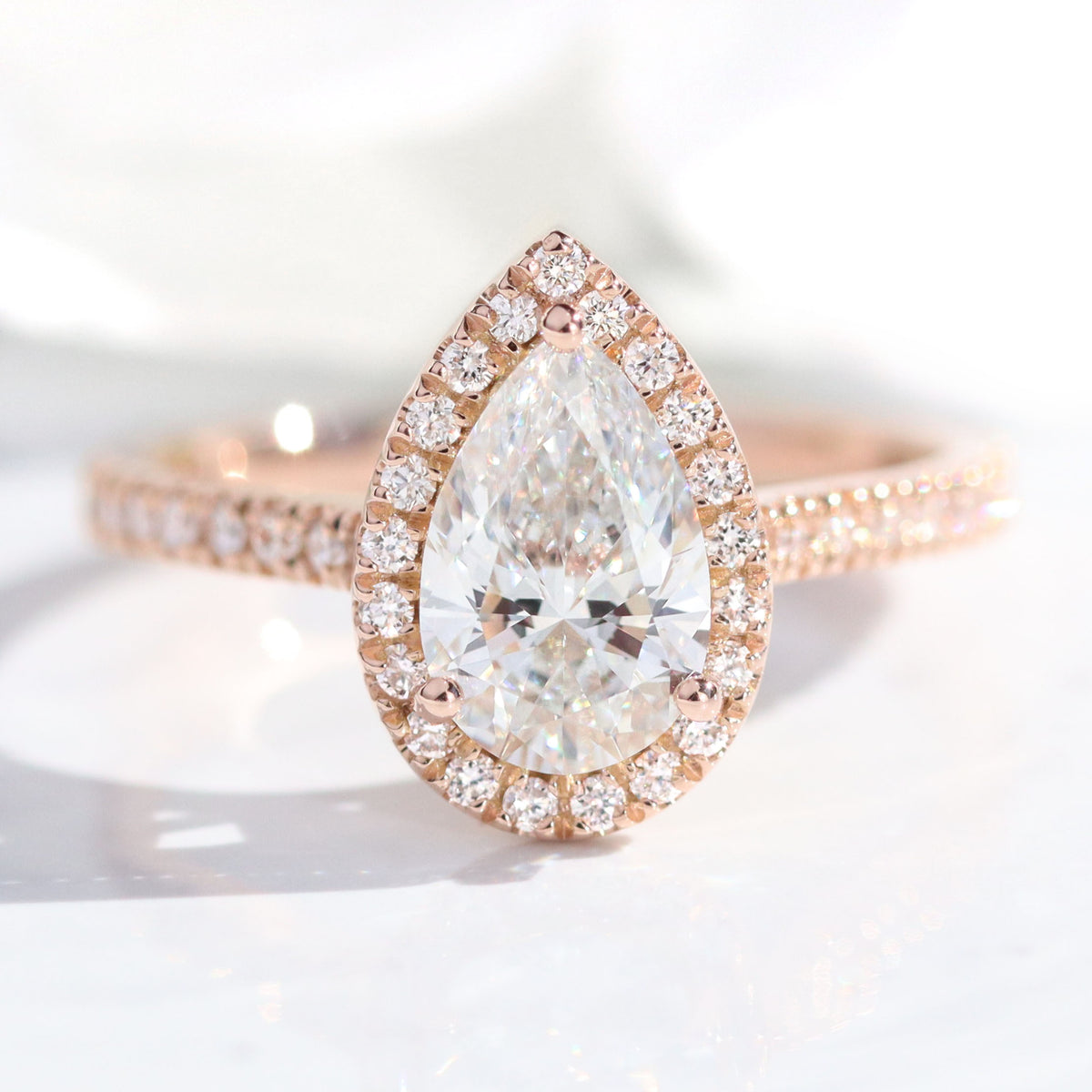 lab diamond ring rose gold pear diamond halo engagement ring La More Design Jewelry