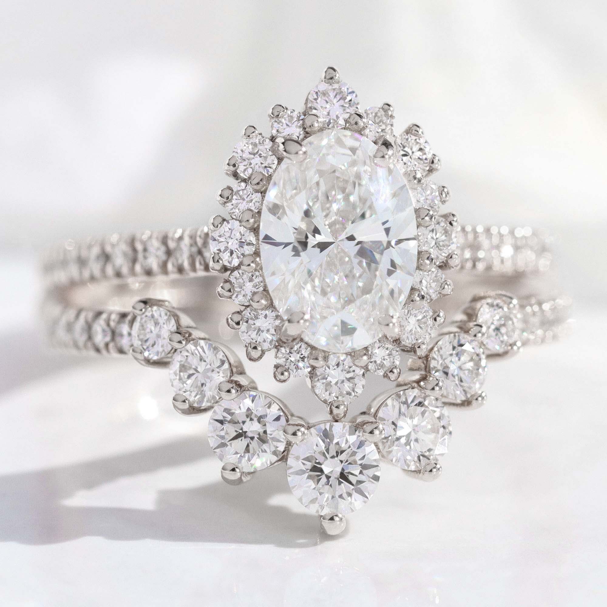 lab diamond ring stack white gold halo oval diamond engagement ring set La More Design Jewelry