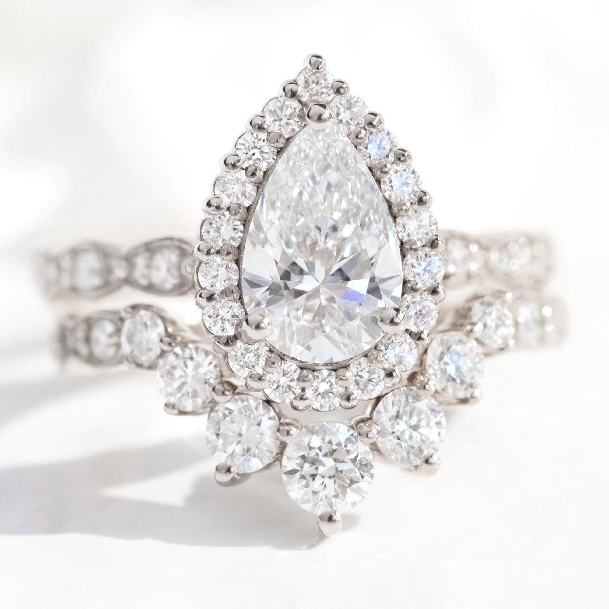 lab diamond ring stack white gold halo pear diamond engagement ring set La More Design Jewelry