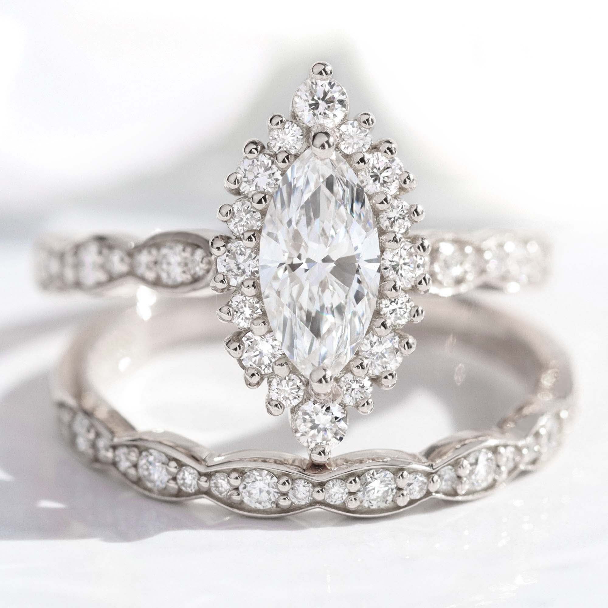 lab diamond ring stack white gold marquise diamond halo engagement ring set La More Design Jewelry