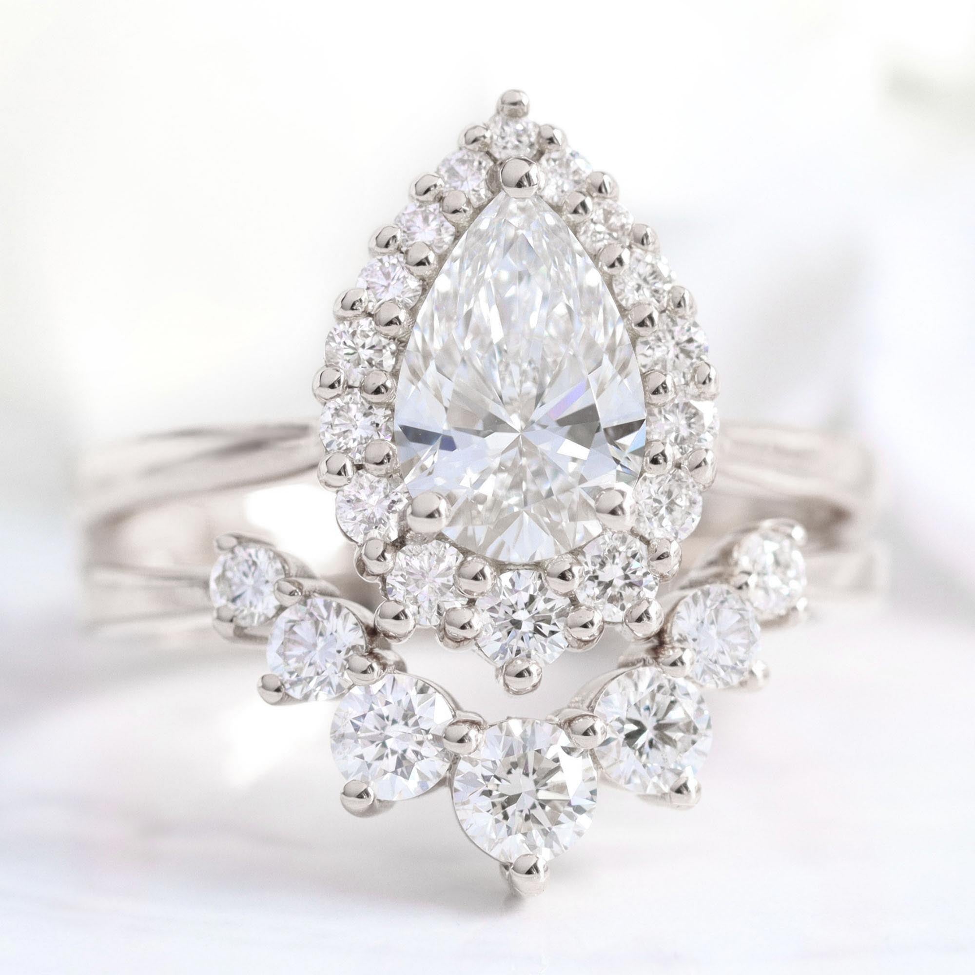 lab diamond ring stack white gold pear diamond halo engagement ring set La More Design Jewelry
