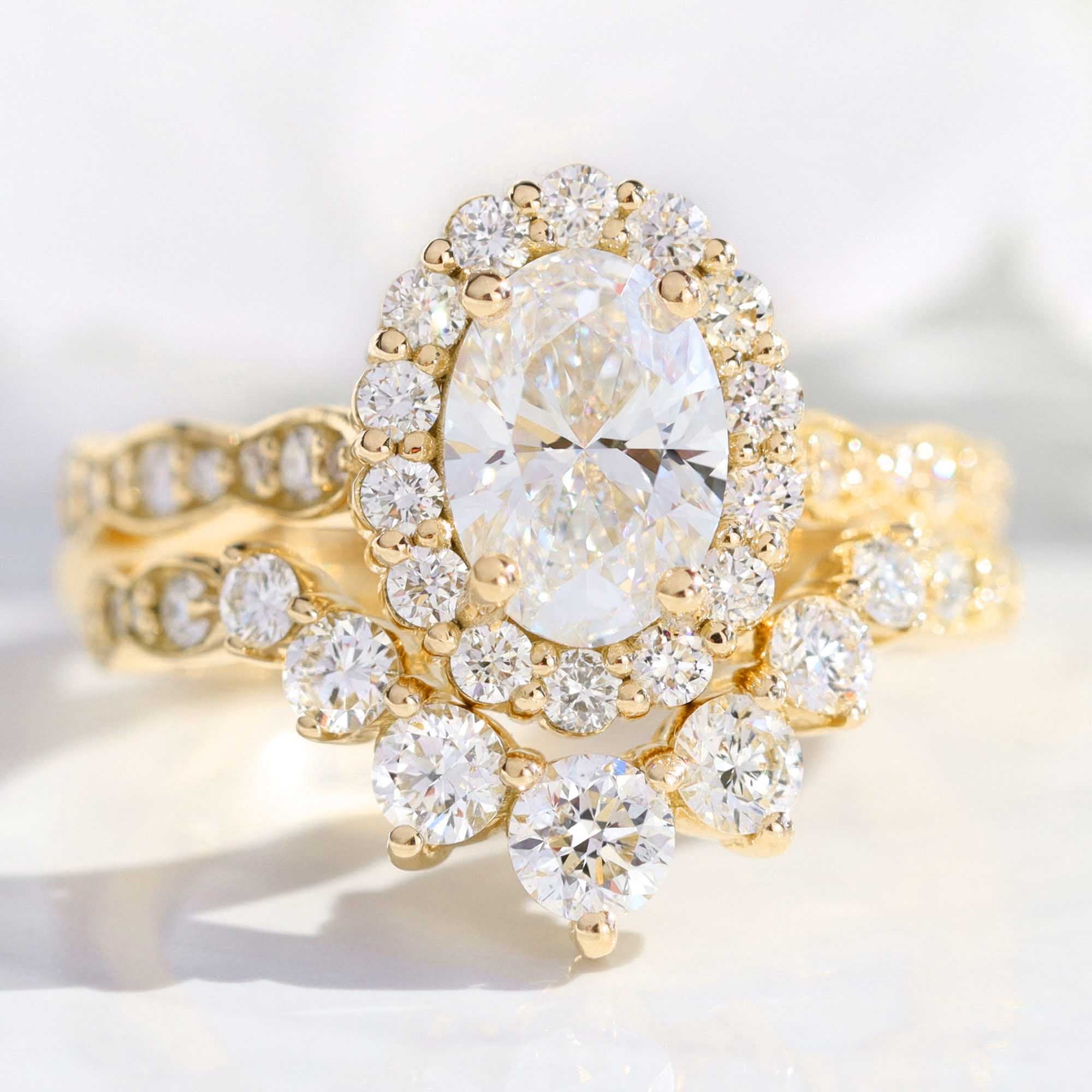 lab diamond ring stack yellow gold halo diamond engagement ring set La More Design Jewelry