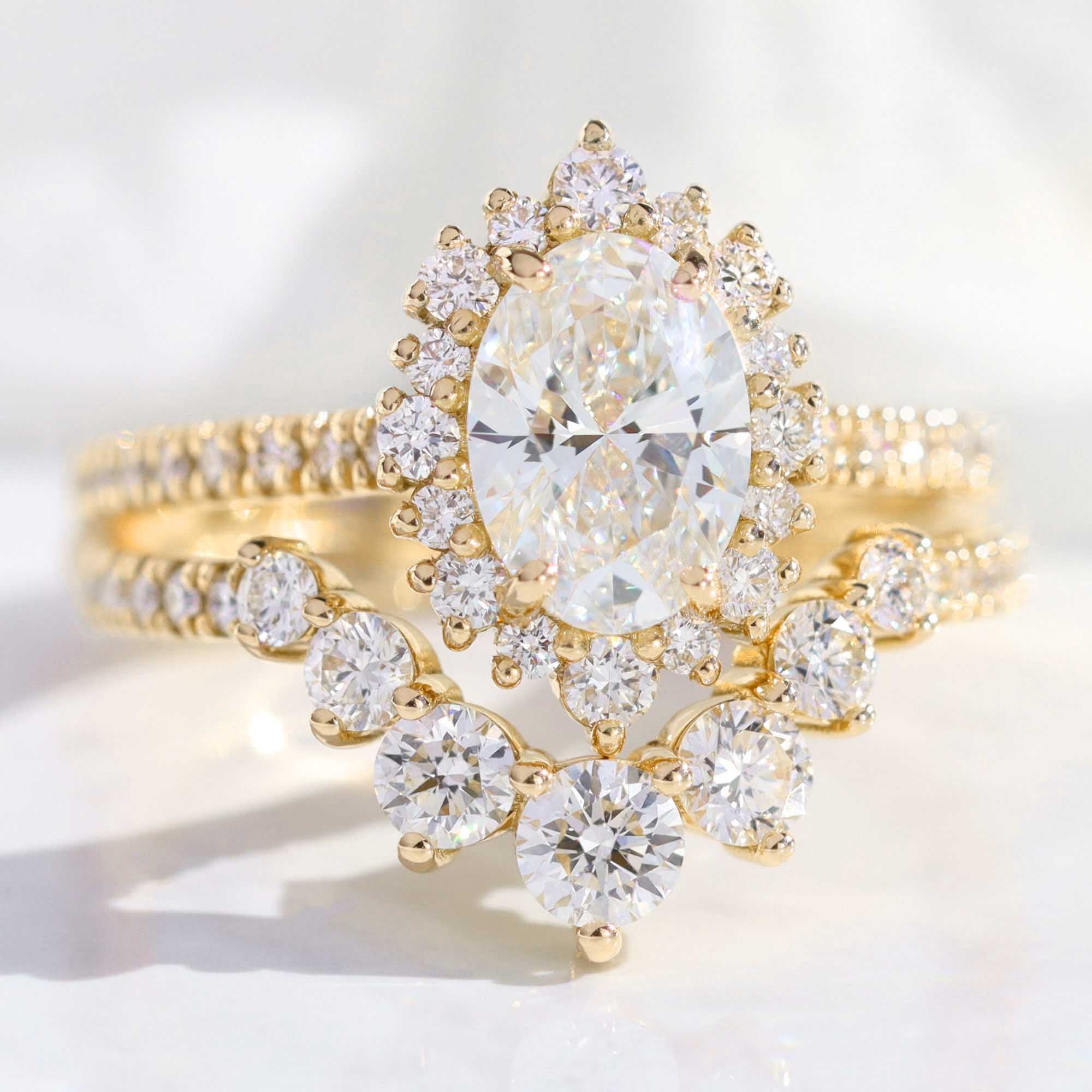 lab diamond ring stack yellow gold halo oval diamond engagement ring set La More Design Jewelry