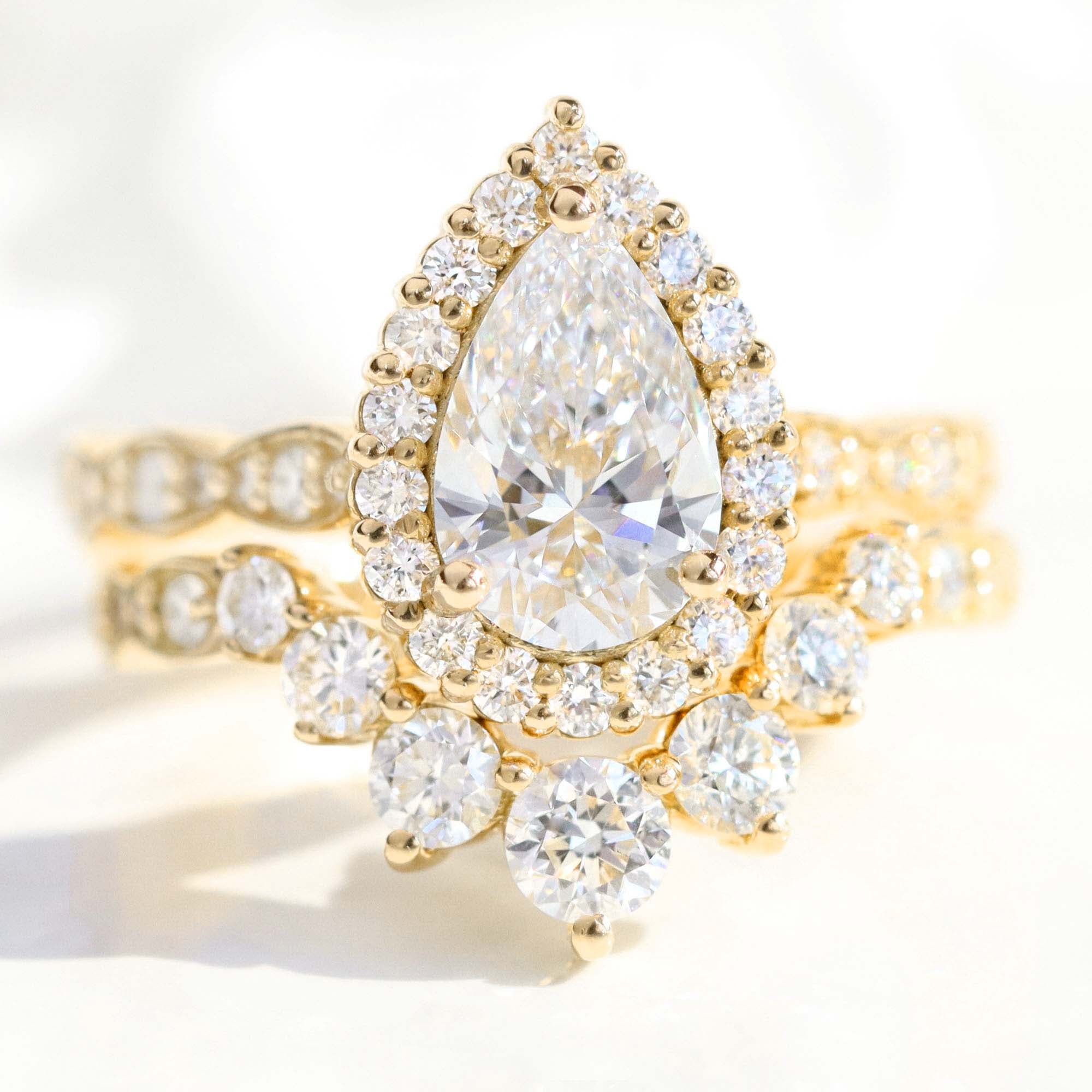 lab diamond ring stack yellow gold halo pear diamond engagement ring set La More Design Jewelry