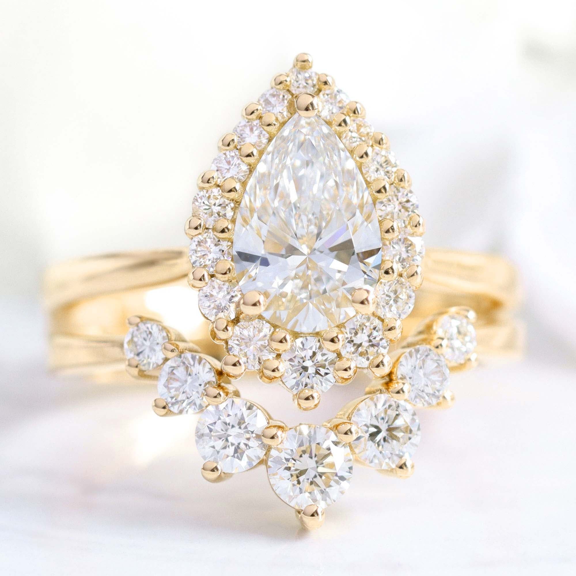 lab diamond ring stack yellow gold pear diamond halo engagement ring set La More Design Jewelry