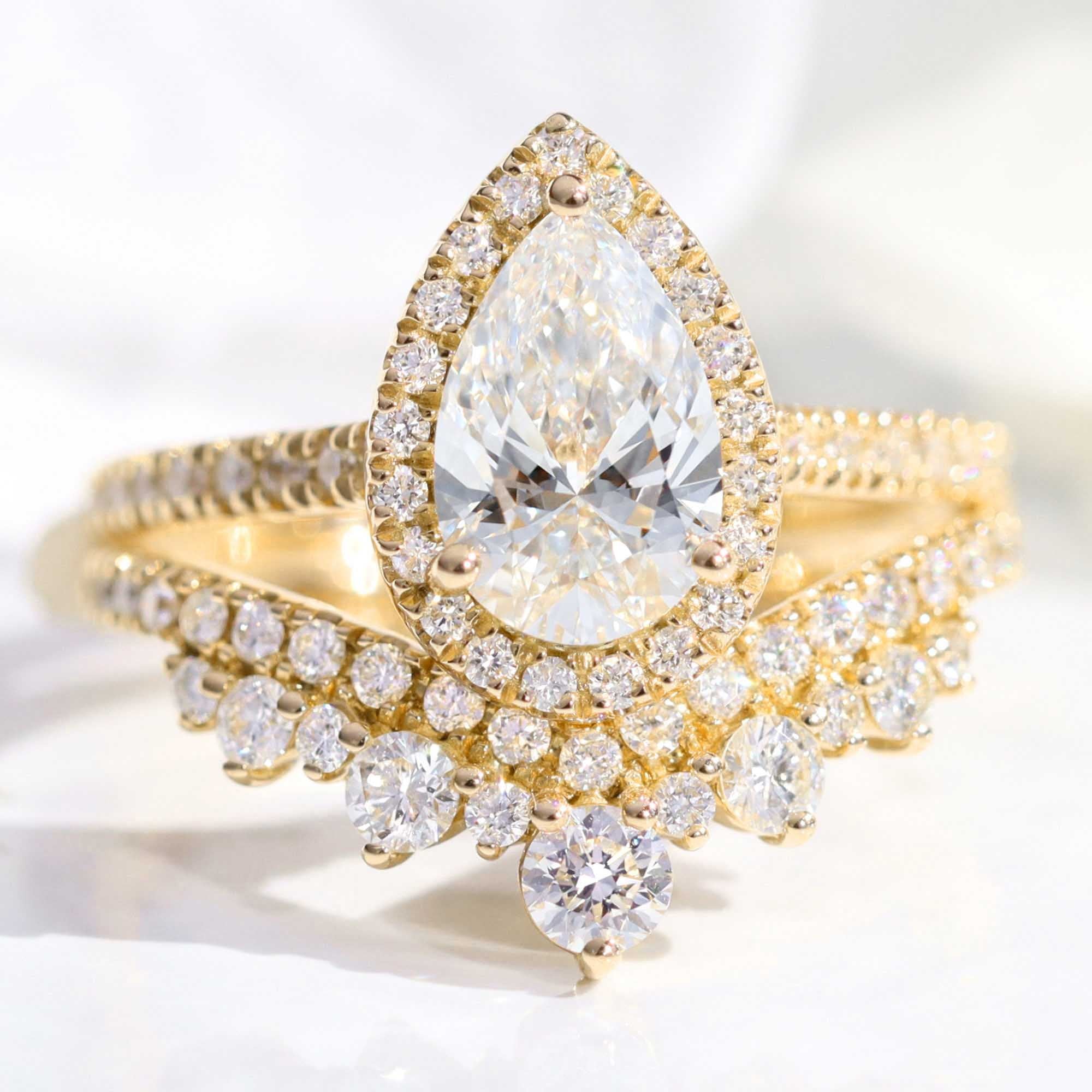 lab diamond ring stack yellow gold pear diamond halo engagement ring set La More Design Jewelry