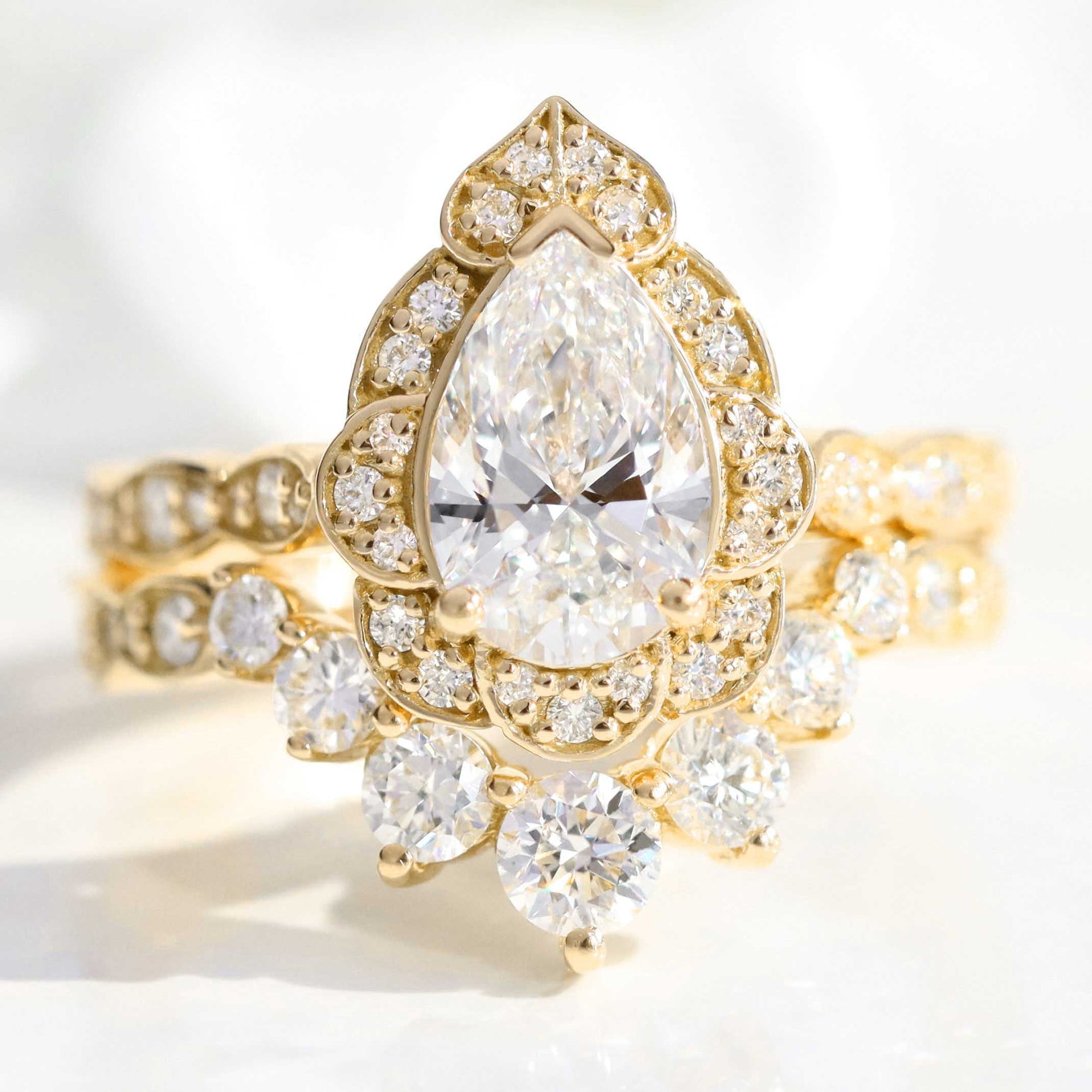 lab diamond ring stack yellow gold vintage halo pear diamond engagement ring set La More Design Jewelry