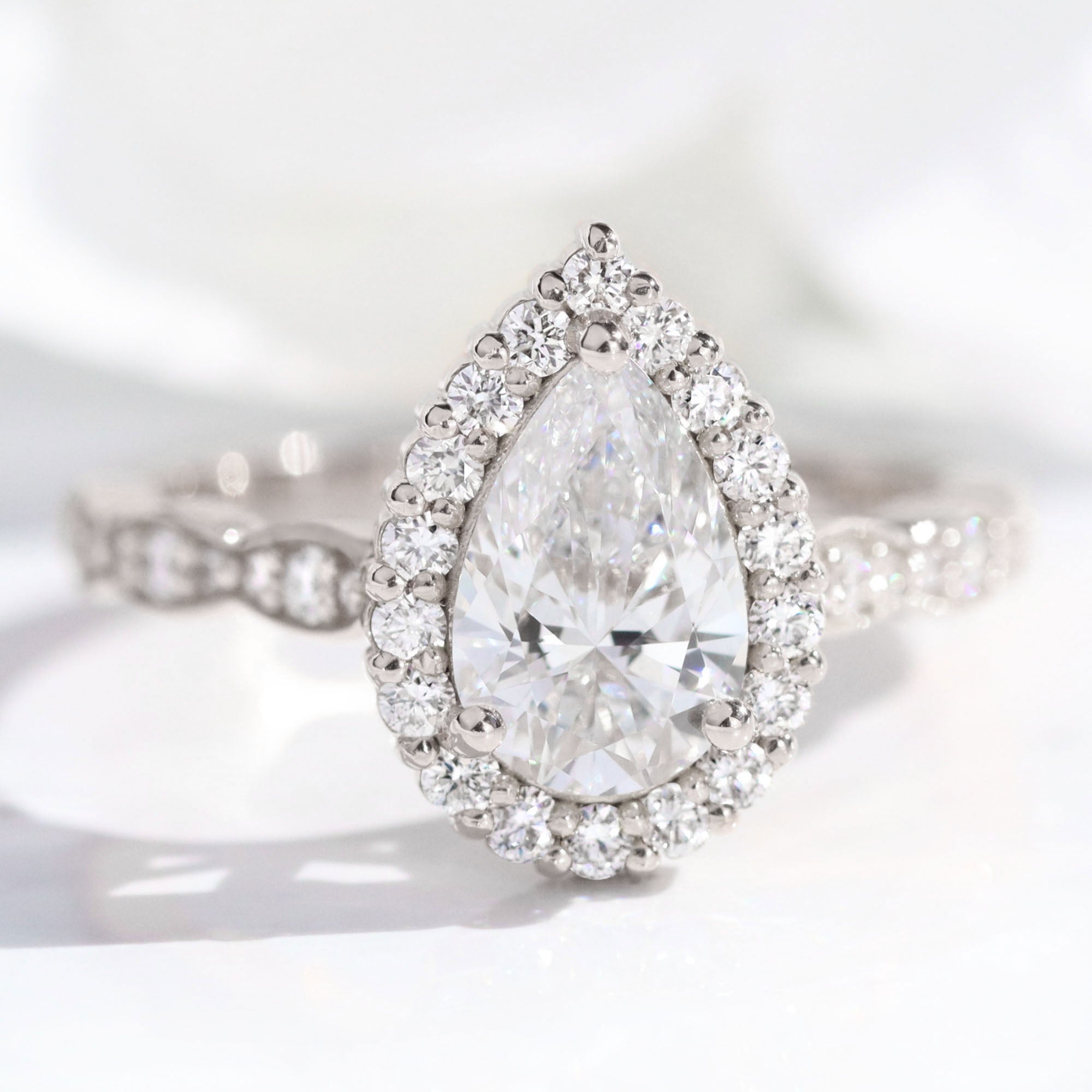 lab diamond ring white gold halo pear diamond engagement ring La More Design Jewelry