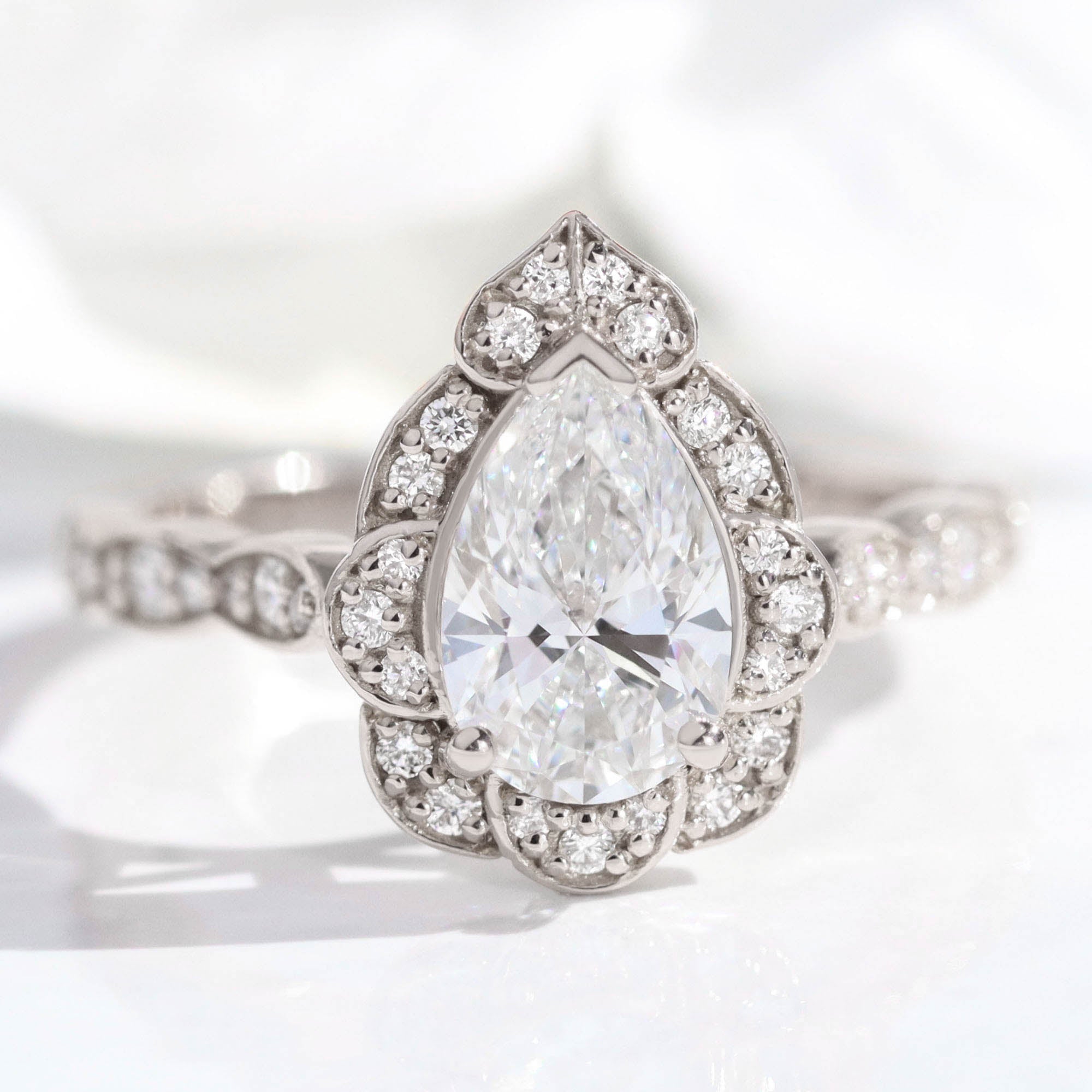 lab diamond ring white gold vintage halo pear diamond engagement ring La More Design Jewelry