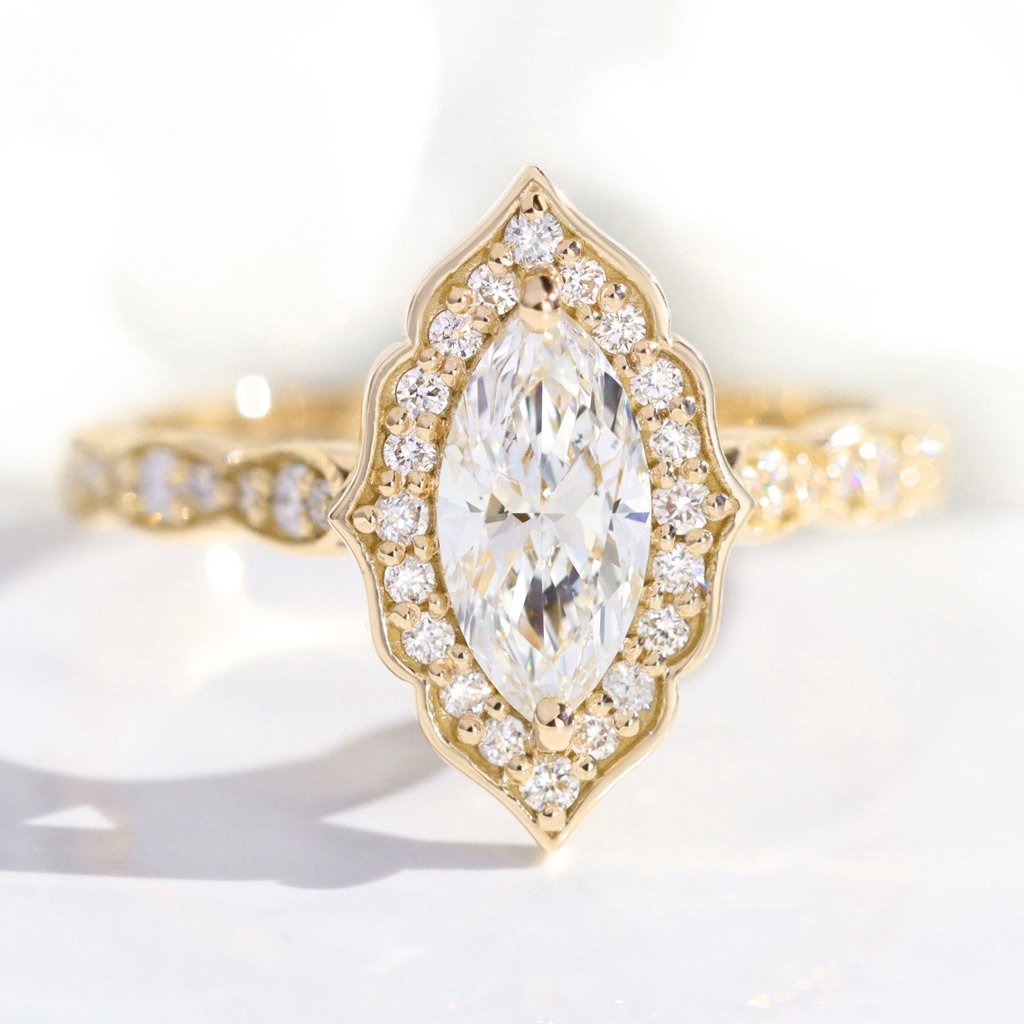 lab diamond ring yellow gold halo marquise diamond engagement ring La More Design Jewelry