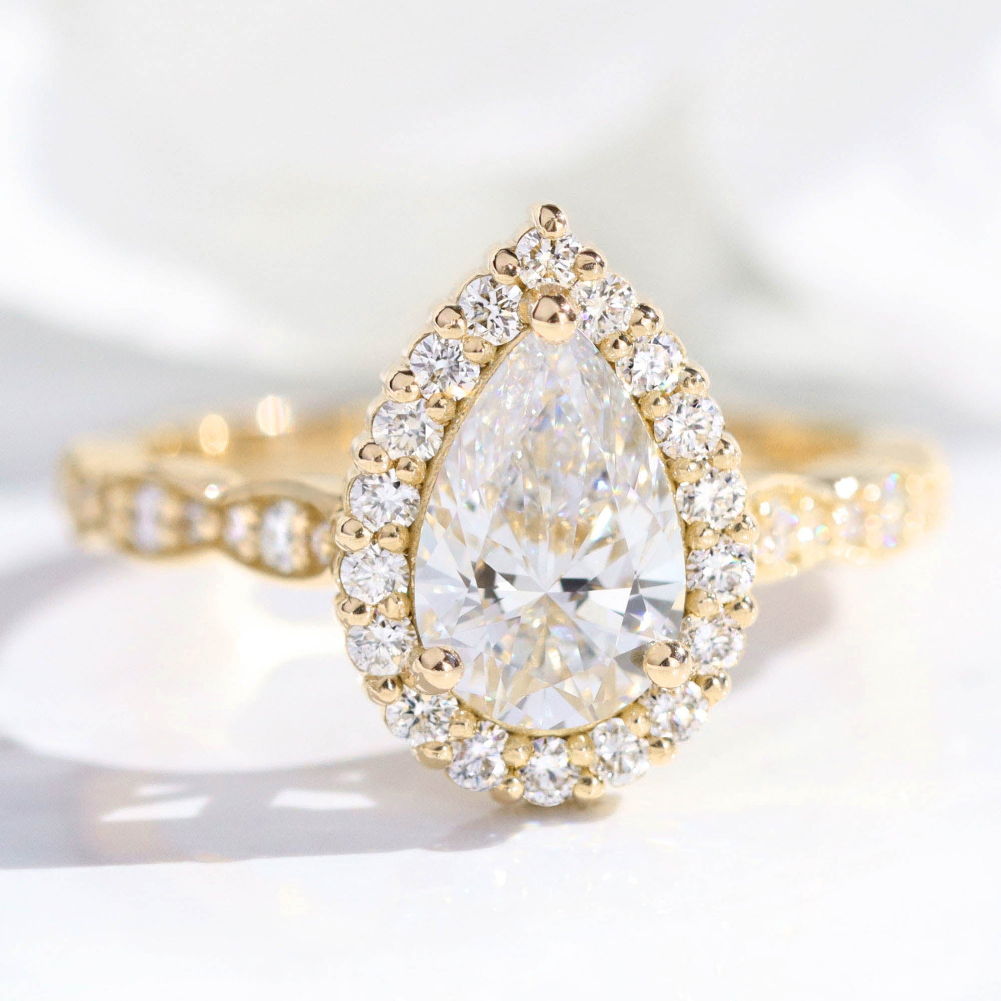 lab diamond ring yellow gold halo pear diamond engagement ring La More Design Jewelry