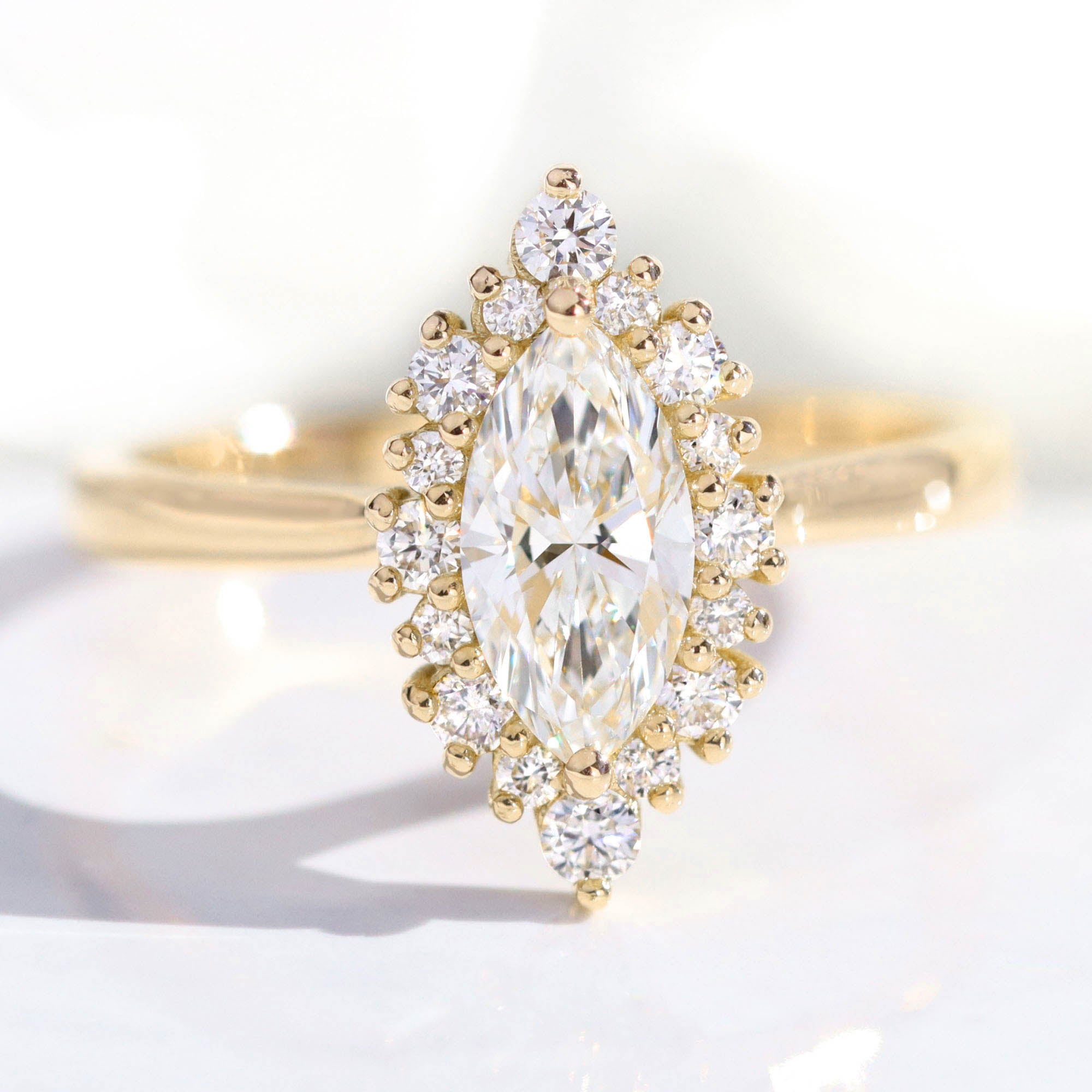 lab diamond ring yellow gold marquise diamond halo engagement ring La More Design Jewelry